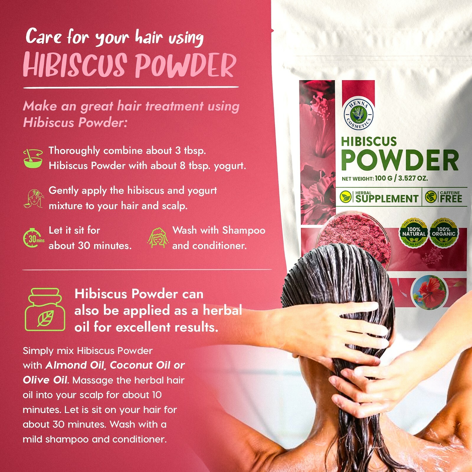 Hibiscus Powder for Tea Skin & Hair Moisturizer 100 Grams/3.5 Oz | 100% Natural