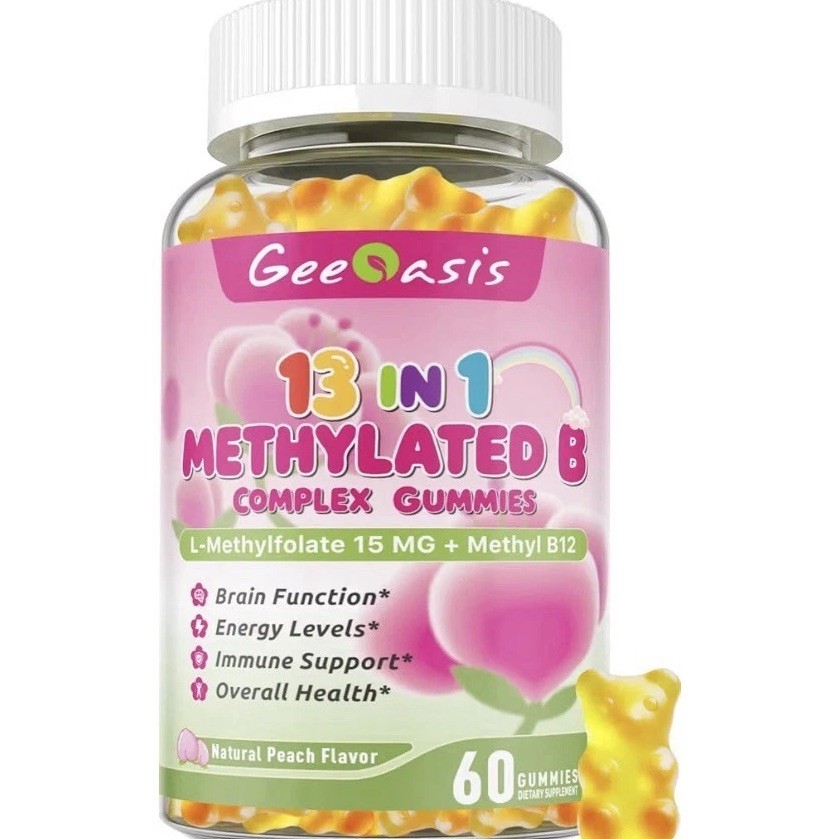 Geeoasis 13 in 1 Methylated B Complex Gummies Methylfolate B12 60 Ct Peach Vegan