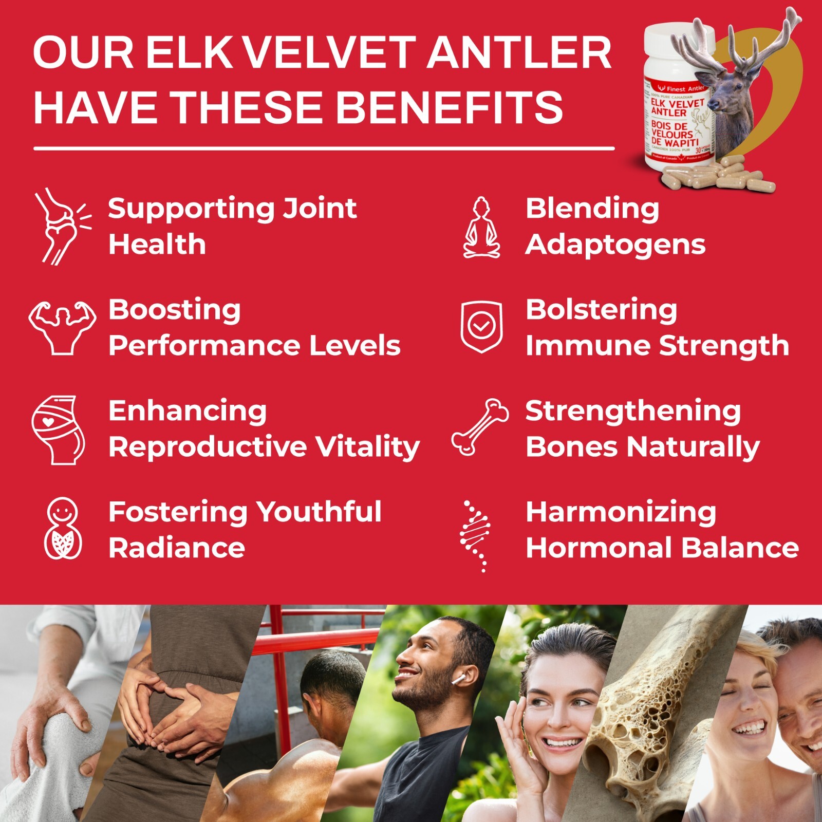 Elk Velvet Antler Capsules, 100% Pure, Made in Canada (30 caps, 280mg, 6-Pack)