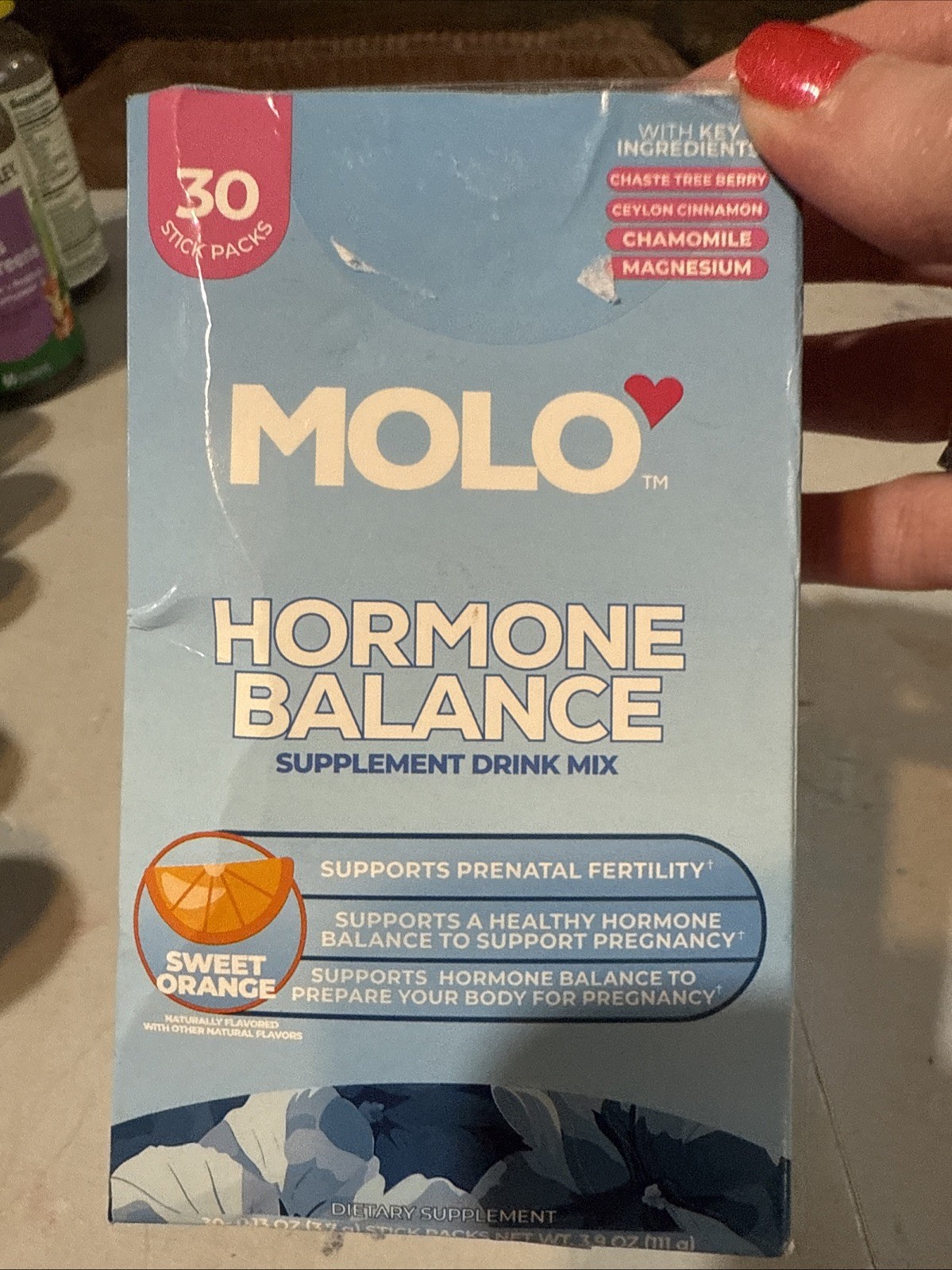 MOLO Hormone Balance Supplement Drink Mix–30 Stick Packs Sweet Orange Exp 5/27
