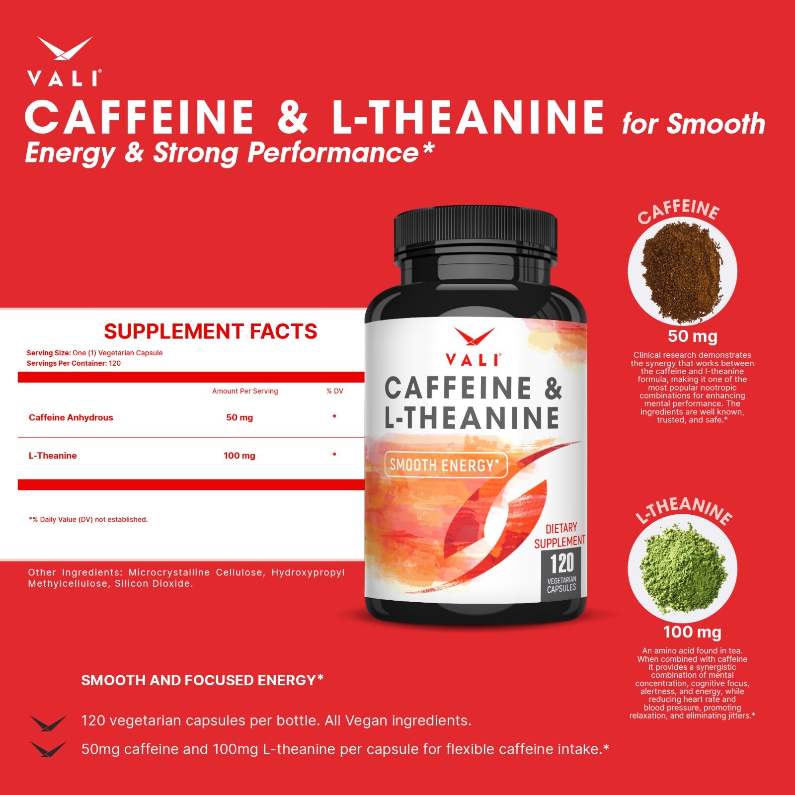 VALI Caffeine & L-Theanine Smooth Focused Energy Supplement, 120 Veg Caps