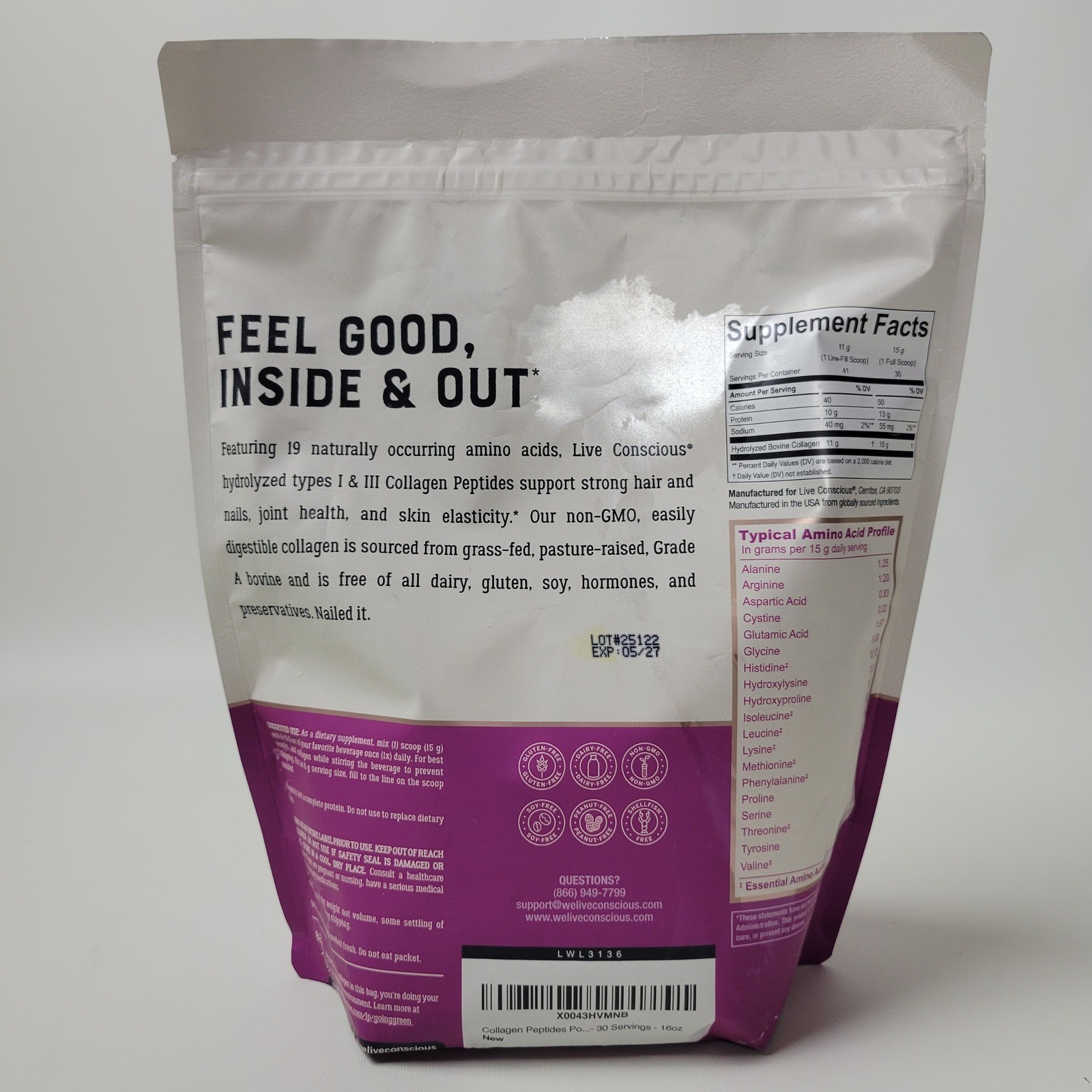 Live Conscious Collagen Peptides Powder 16oz Unflavored Grass-Fed Bovine 05/27