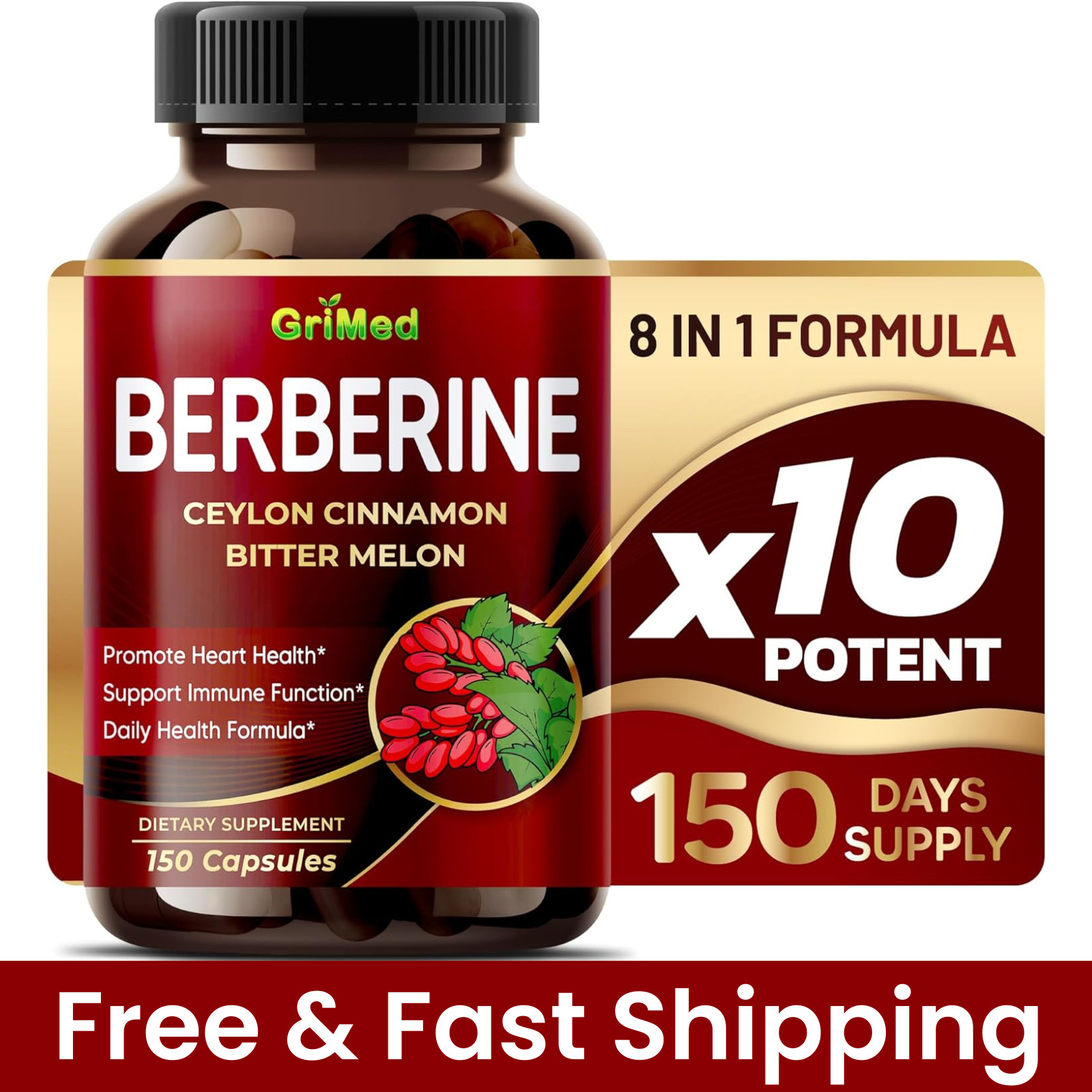 Premium Berberine with Ceylon Cinnamon 9,600mg 150 Caps Heart Health & Immune US
