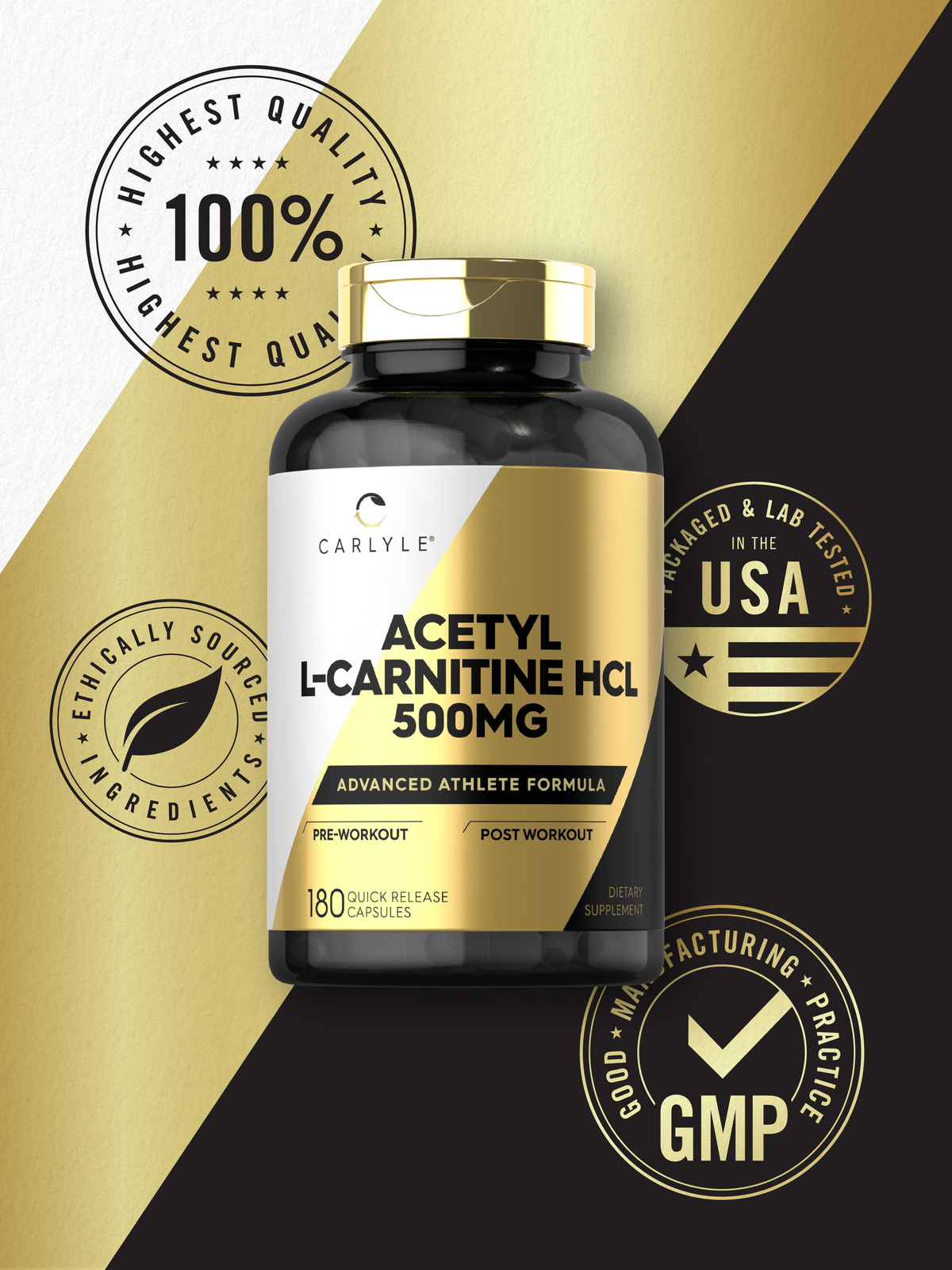 Acetyl L-Carnitine HCL 500mg | 180 Capsules | Non- GMO, Gluten Free | by Carlyle