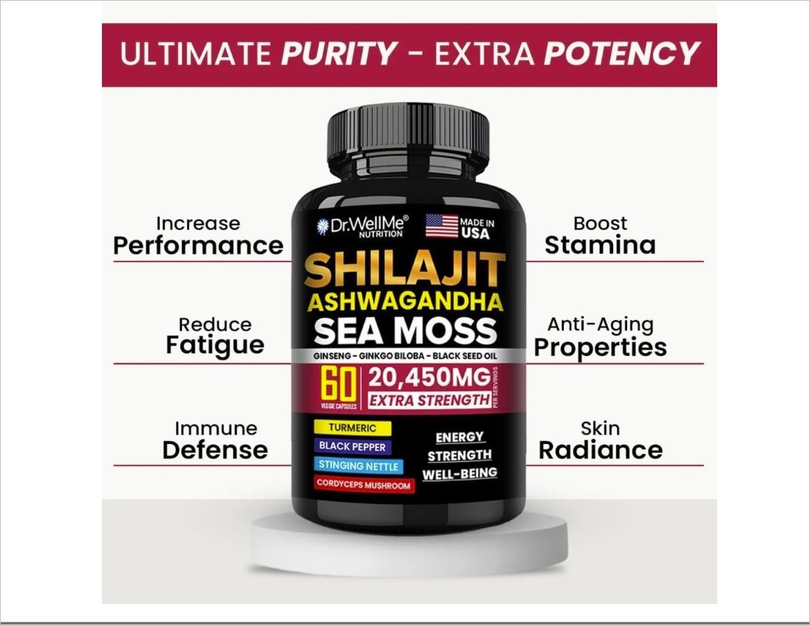 Dr.WellMe Shilajit Ashwagandha Sea Moss with Ginseng, Ginkgo Biloba & Black Seed