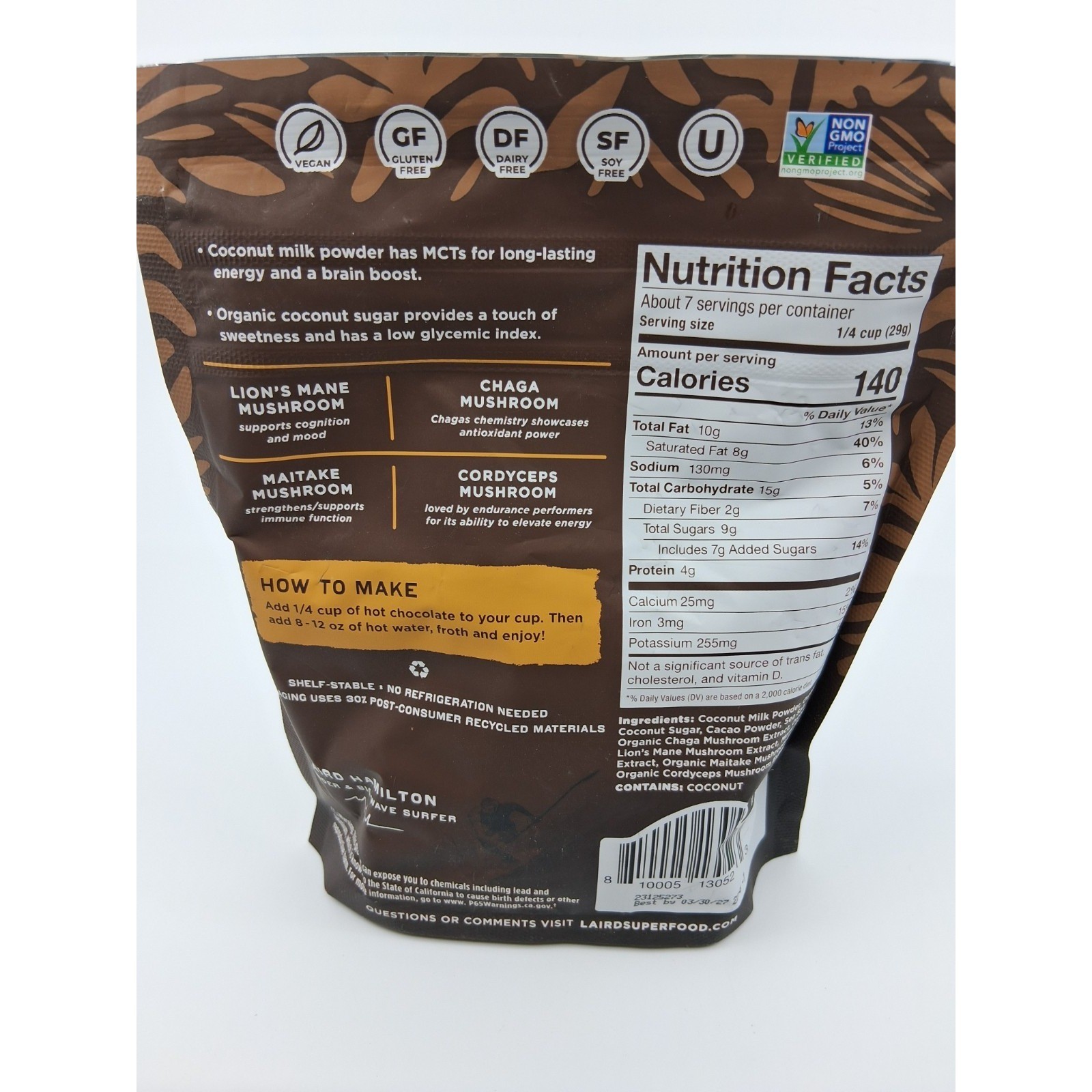 Laird Superfood Hot Chocolate + Mushrooms – 8 oz, 7 servings BB 3/2027
