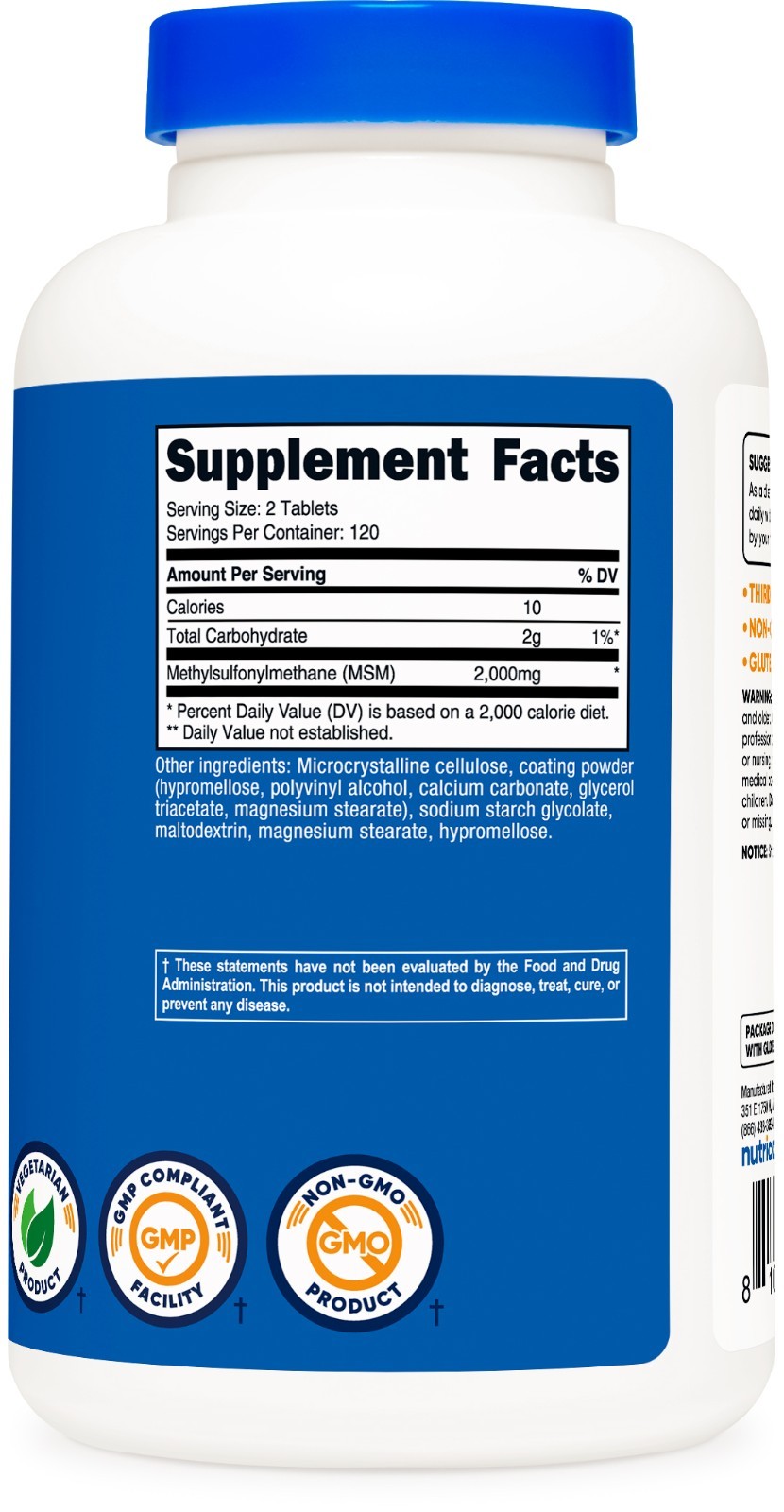 Nutricost MSM 2000mg Tablets (Methylsulfonylmethane) – 240 Tablets, 120 servings