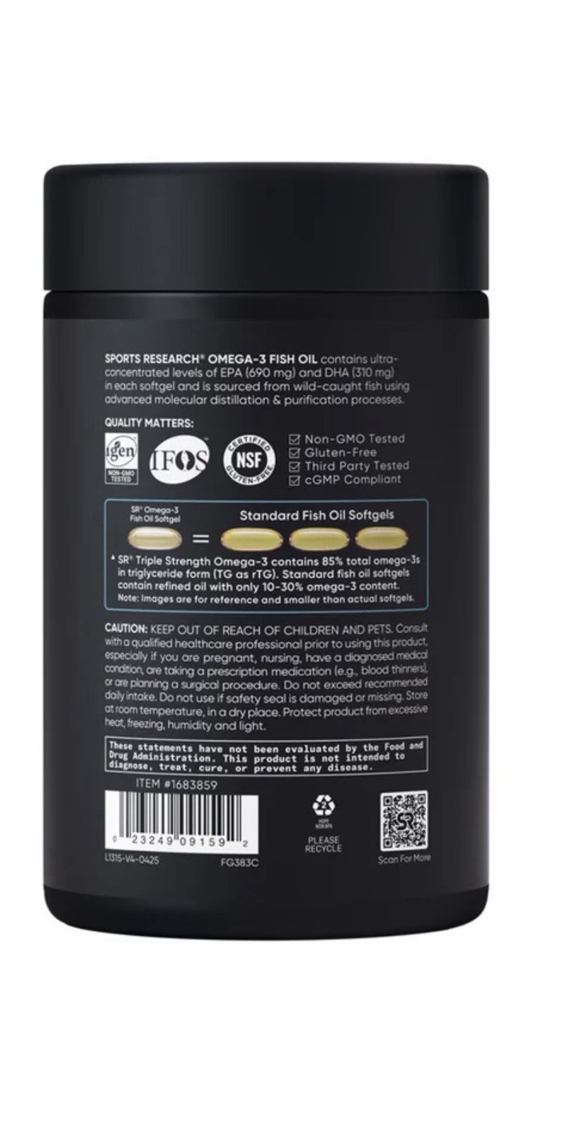 Sports Research Triple Strength Omega-3 Fish Oil 1250mg Non-GMO 150 Softgels