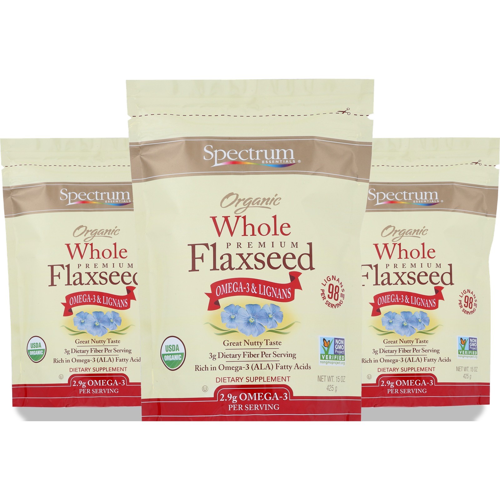 Spectrum Essentials Organic Whole Flaxseed 15 Oz Seeds Pouch 3 Pack