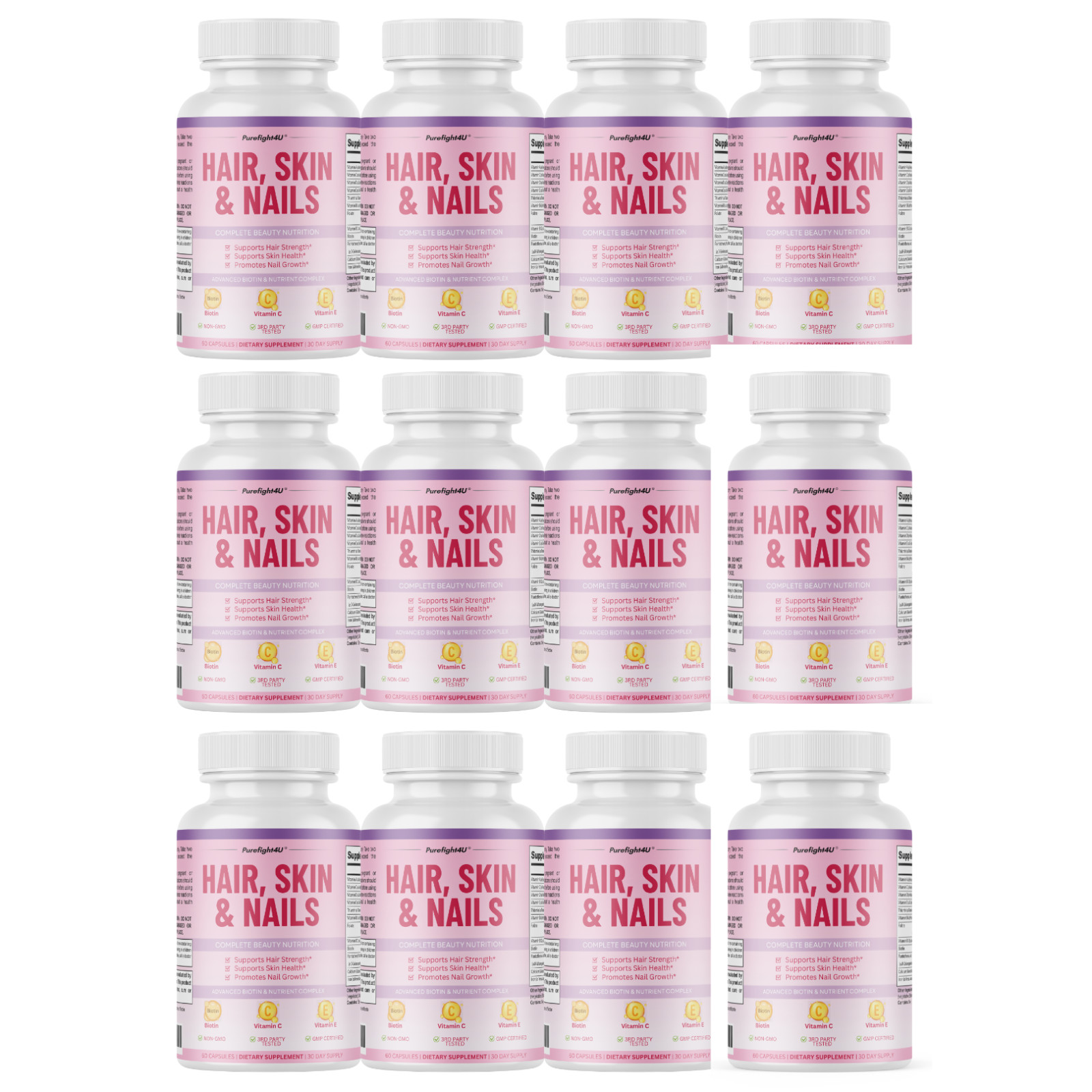 Purefight4u Hair, Skin & Nails Supports Healthy Hair Growth wBiotin – 12 Bottles