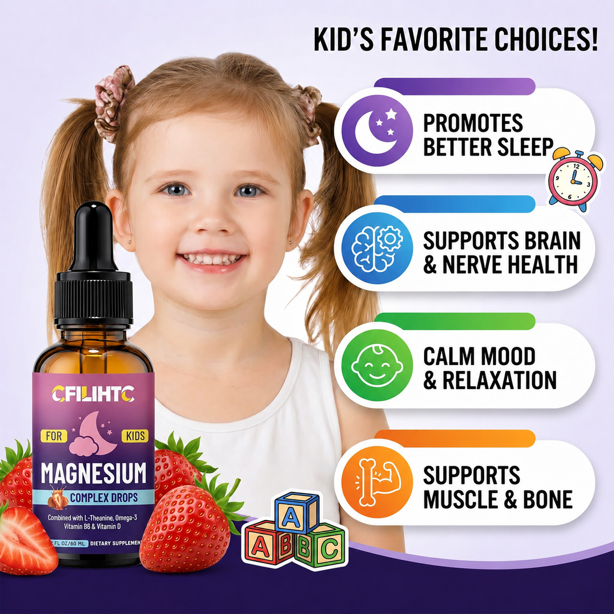 2 Pack Kids Magnesium Glycinate Liquid Drops Sleep & Calm Support Strawberry