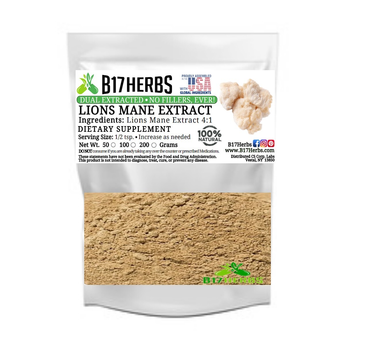 Lions Mane Mushroom Extract 4:1 Powder – Organic – Extra Strength – 100 grams