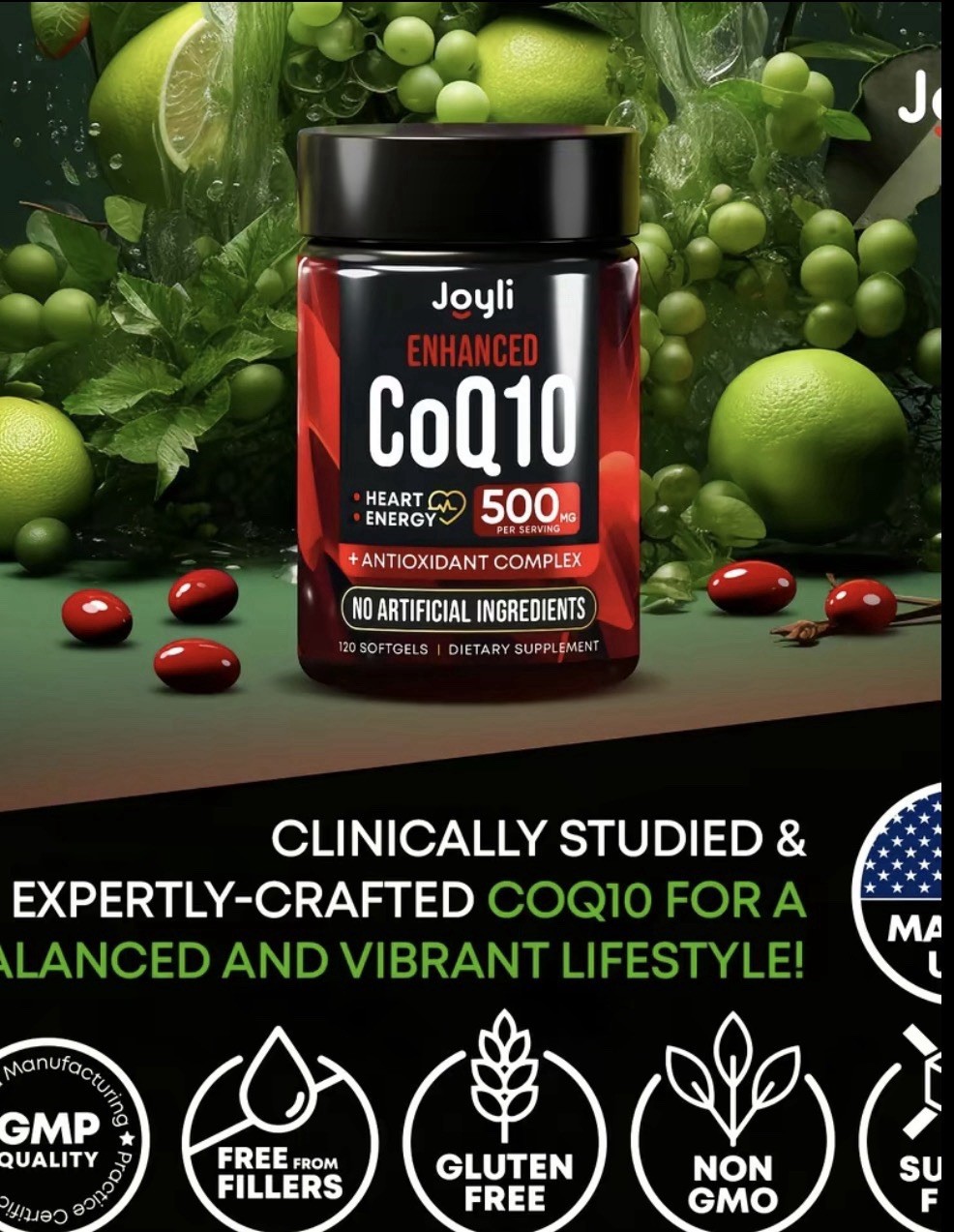 Joyli Enhanced CoQ10 500mg 120 Softgels Gluten-Free Non-GMO Exp 01/2028
