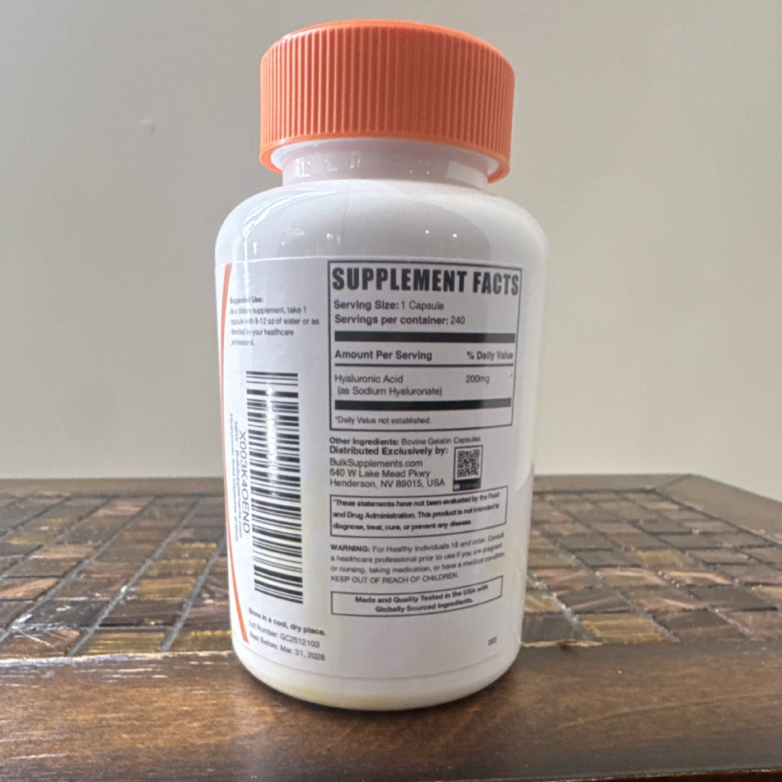 Bulk Supplements Hyaluronic Acid 200mg Dairy-Free Gluten-Free 240 Capsules