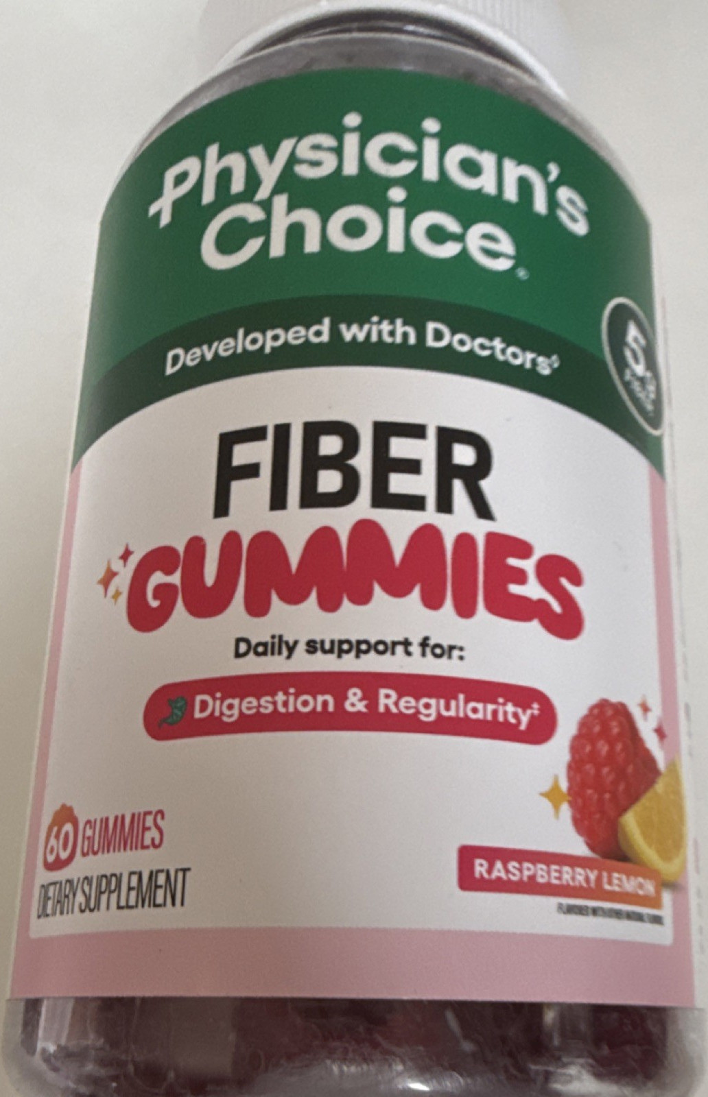 Physician’s Choice Fiber Gummies Raspberry Lemon No Sugar Vegan 60 Gummies