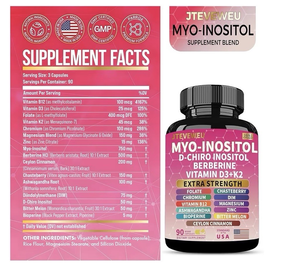 JTEVEWEU Myo-Inositol D-Chiro Inositol Berberine Vitamin D3 K2 90 Capsules Women