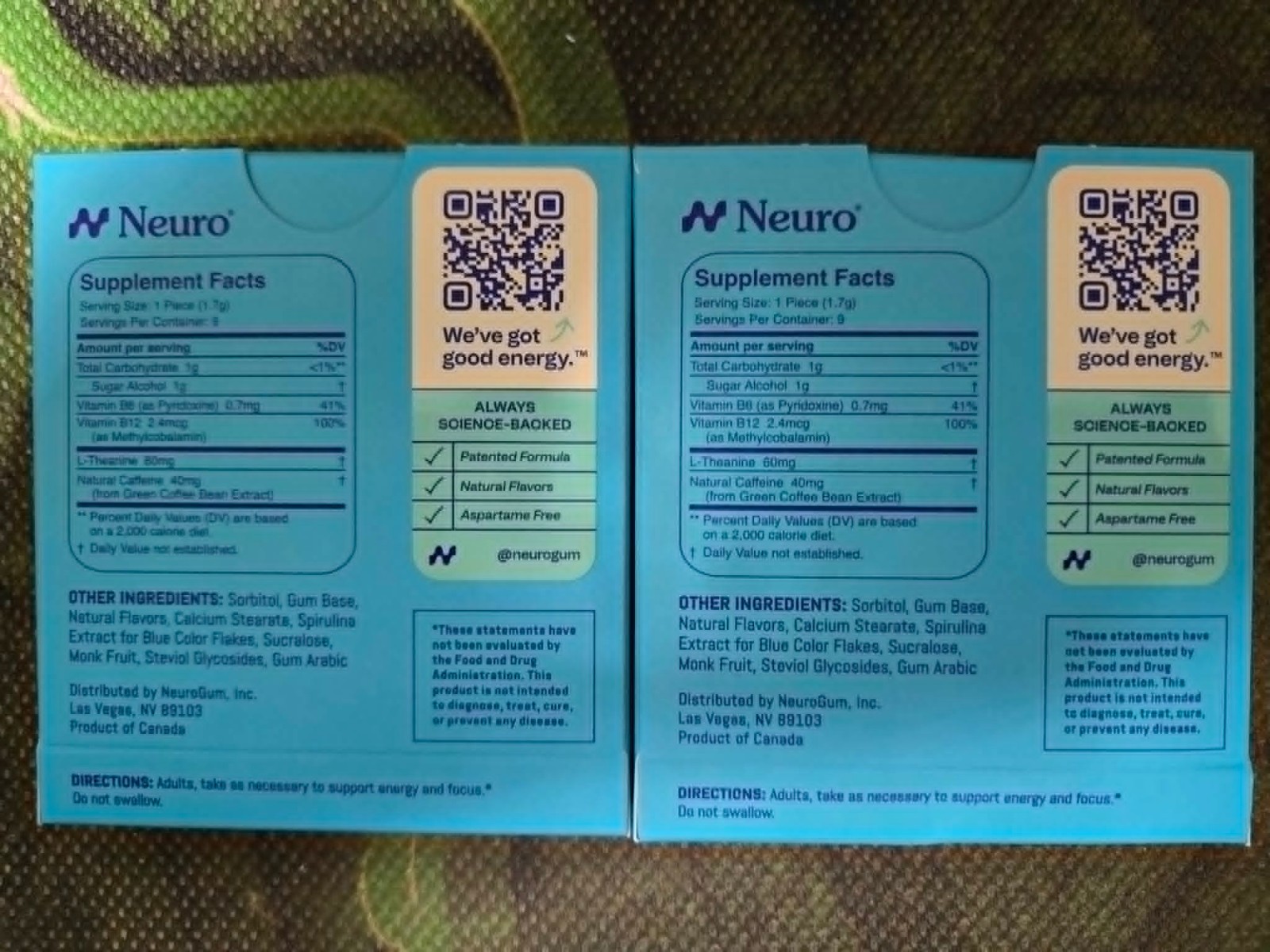 Neuro Gum L-theanine B-12 Nootropics Caffeine 2pk 18 pcs Boost Energy & Focus
