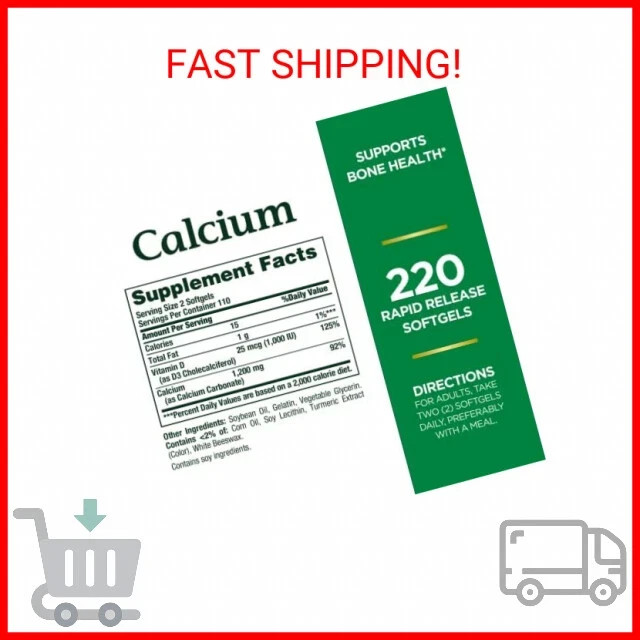 Nature’s Bounty Calcium 1200 mg with 1,000IU Vitamin D3, Bone Health – 220 Count