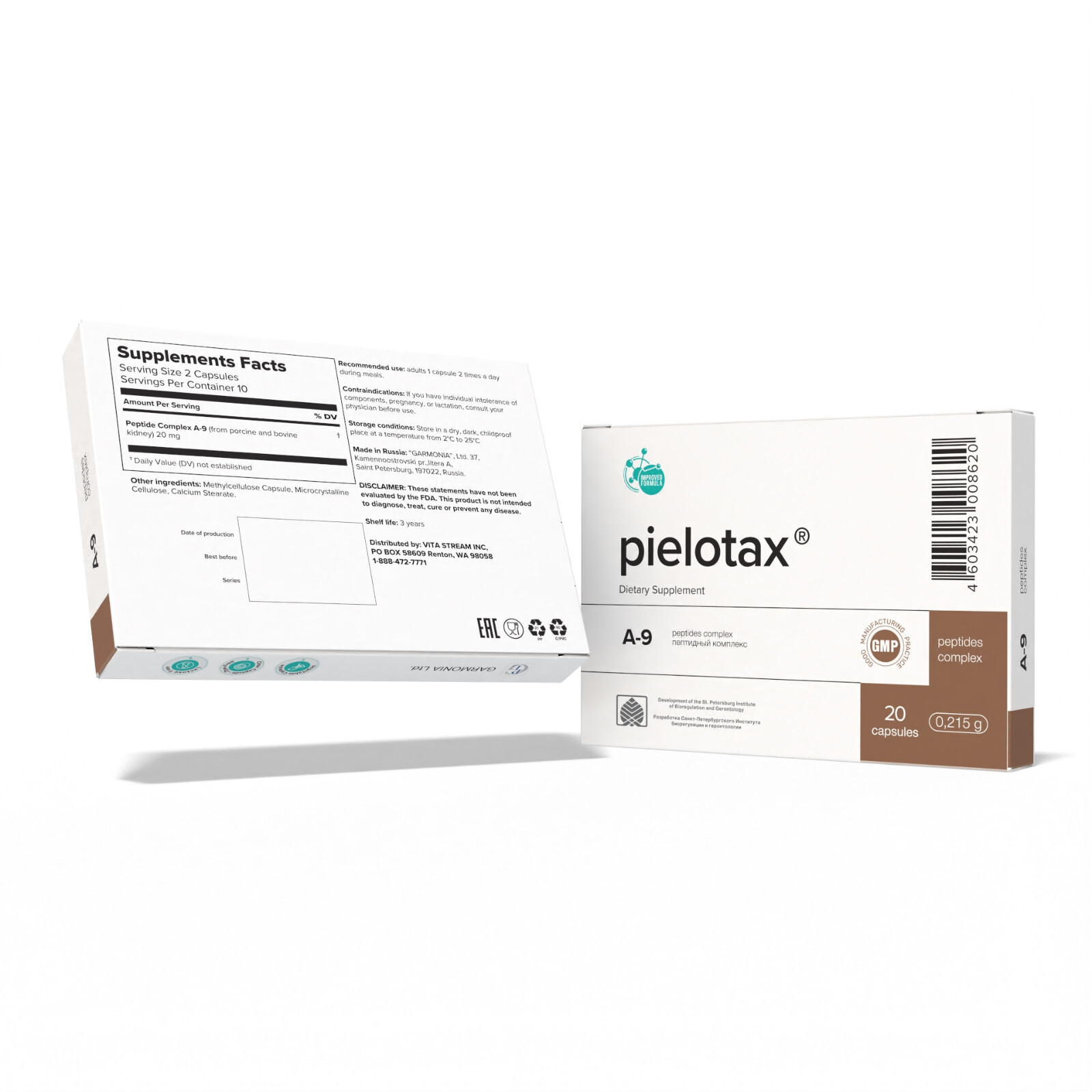 A-9 Pielotax Original Khavinson Natural Kidney Peptide Bioregulator 20 capsules