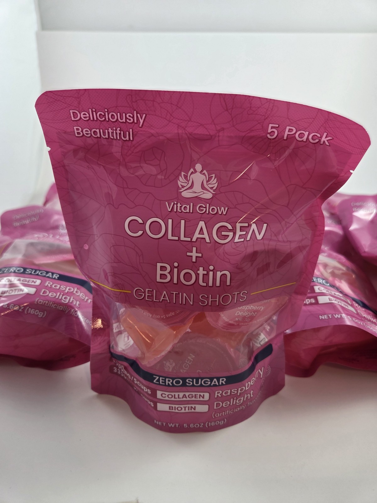Lot Of 8 Vital Glow Collagen + Biotin Gelatin Shots 5 Pack Raspberry Zero Sugar