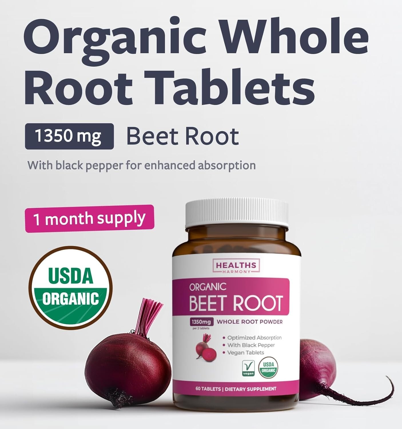 USDA Organic Beet Root Powder 1350mg Beets Per Serving with Black Pepper, 120ct
