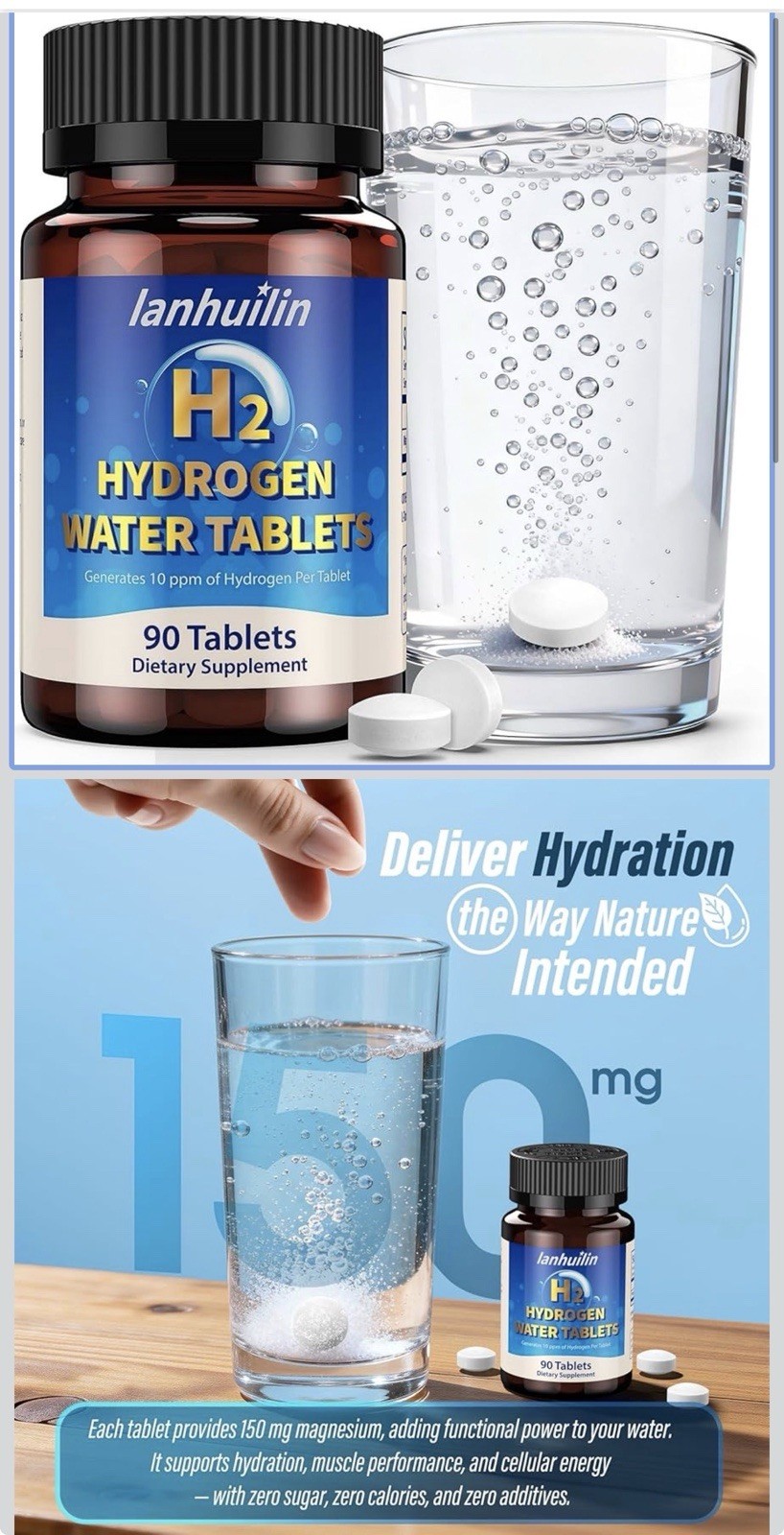 lanhuilin H2 Hydrogen Water Tablets 150mg Magnesium 90 Count Unflavored Vegan