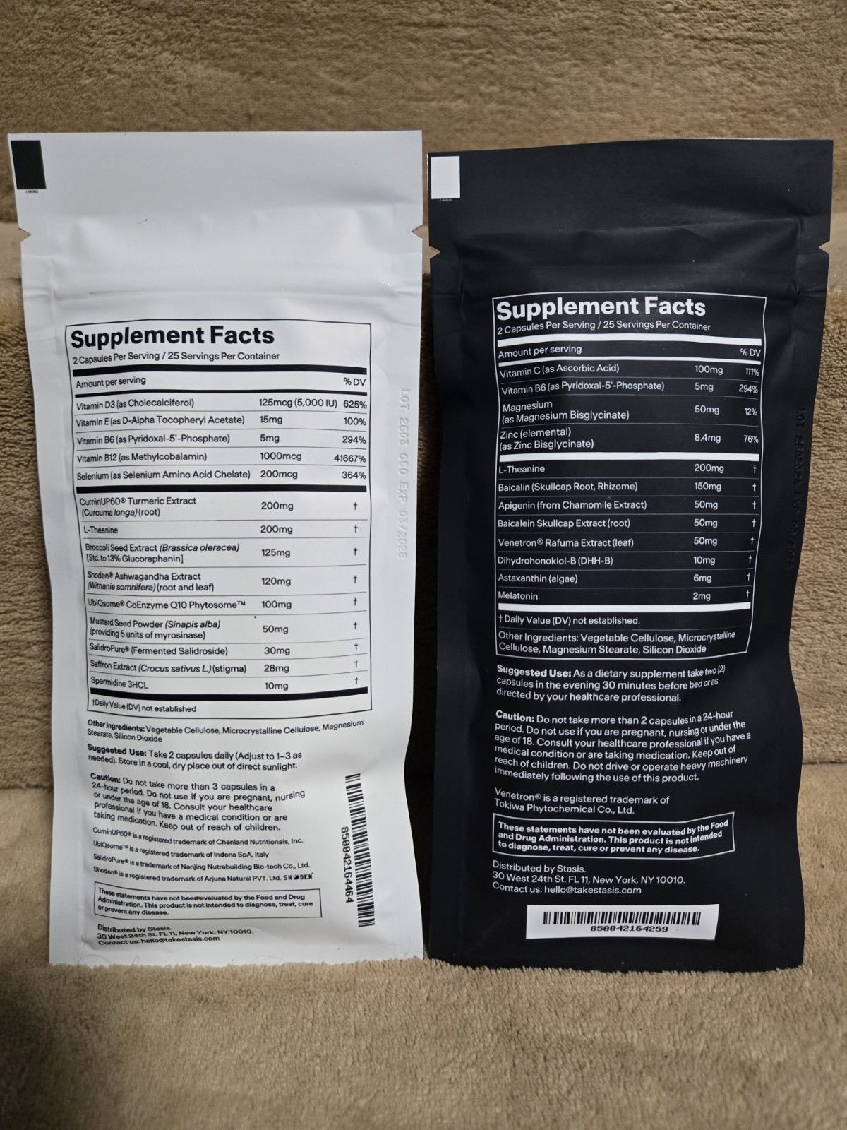 Stasis Daytime + Nighttime Supplement 2 Bags 50 Veg Caps Each