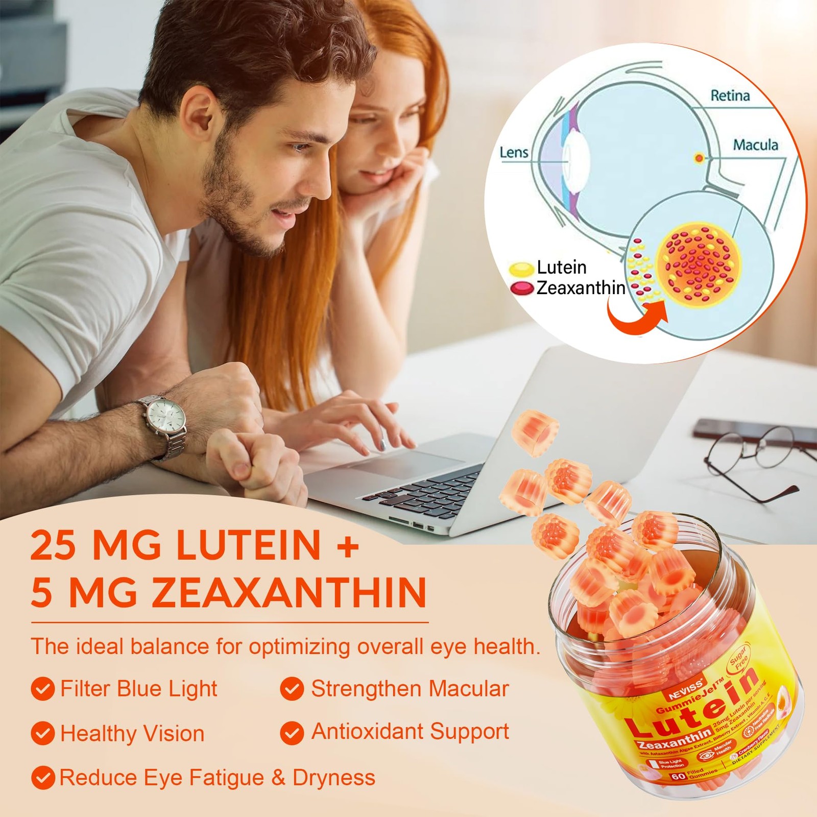 Sugar-Free Lutein Zeaxanthin Supplements Gummies (25mg) 60 Count (Pack of 1)