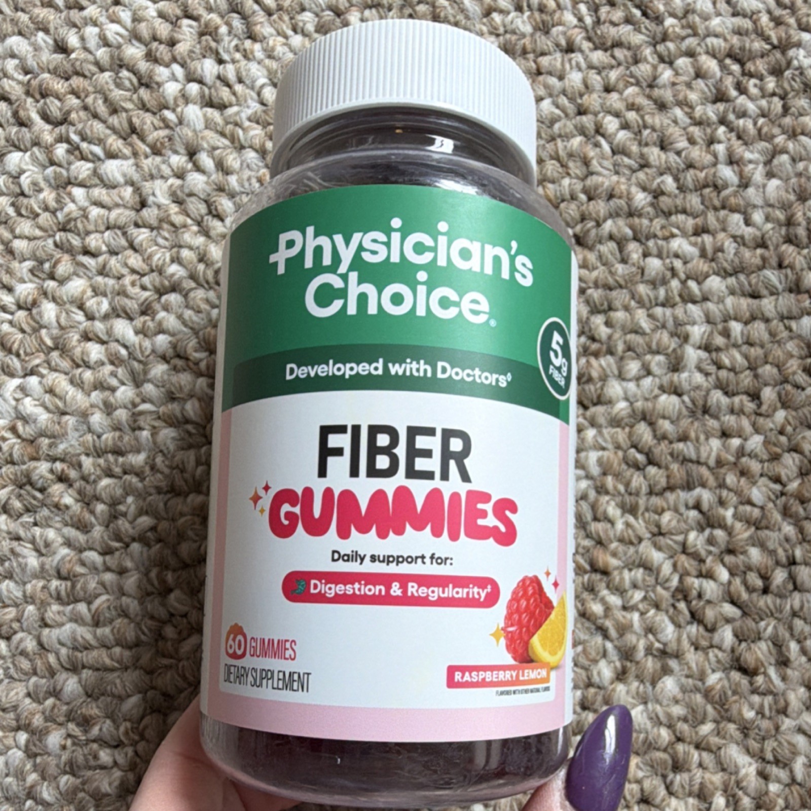 Physician’s Choice Fiber Gummies Raspberry Lemon Vegan No Sugar Added 60ct