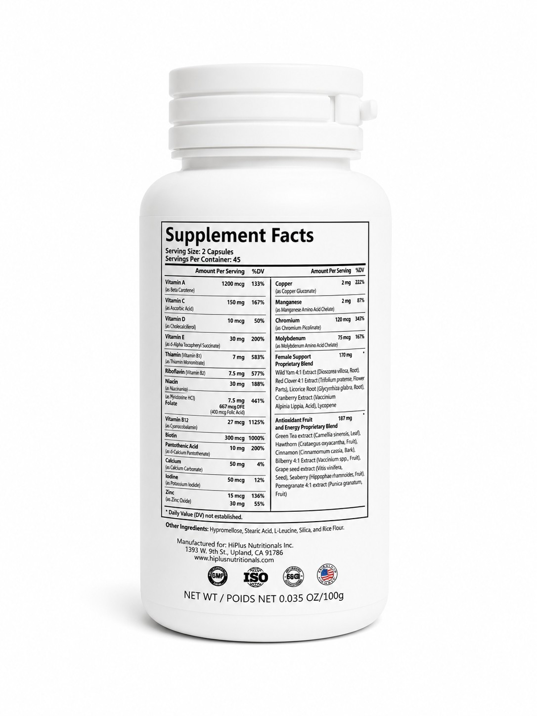 HiPlus Multivitamin Women All-in-One GMO Free Gluten Free Dairy Free 90 capsules
