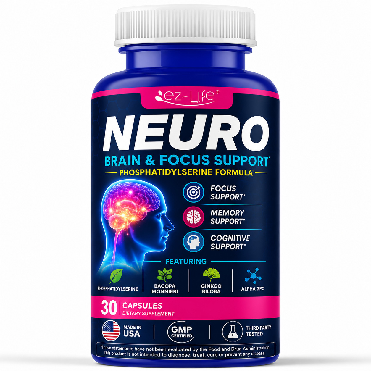 Nootropic Brain Health Supplement For Memory, Concentration, and Focus 60 Caps