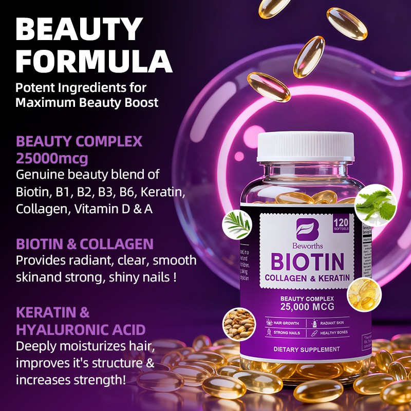 Biotin 25,000mcg with Collagen & Keratin Capsules Hair Skin Nails Supplement