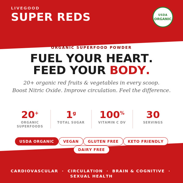 Reds Superfood Powder USDA Organic Beet Root Heart Health cardio 30sv 9.25oz big
