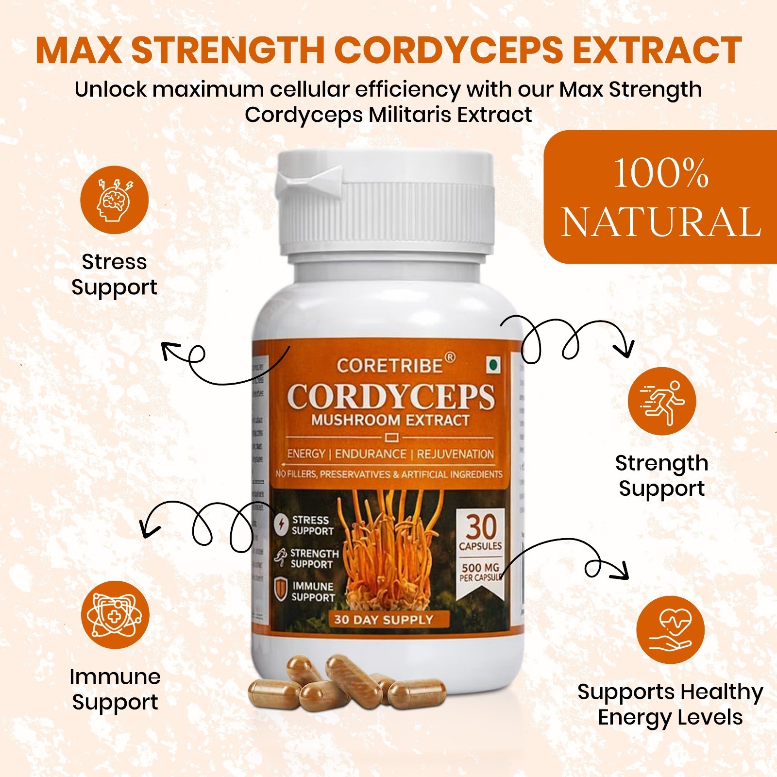 Coretribe® Cordyceps Militaris Mushroom 30 Capsules Strength,Focus, Superfood