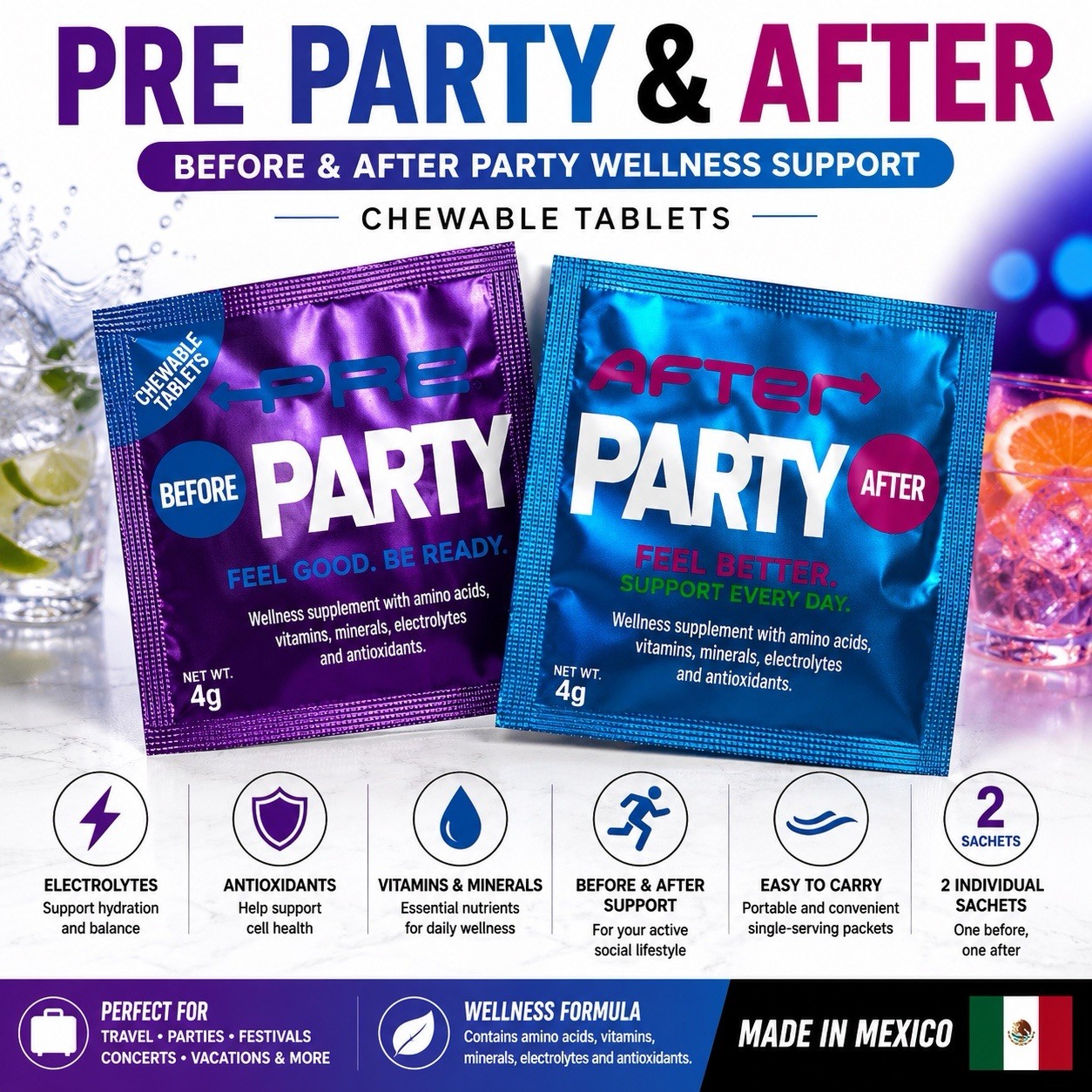 Before & After Party Wellness Support 2 Chewable Tablets Energy Recovery 4g ea