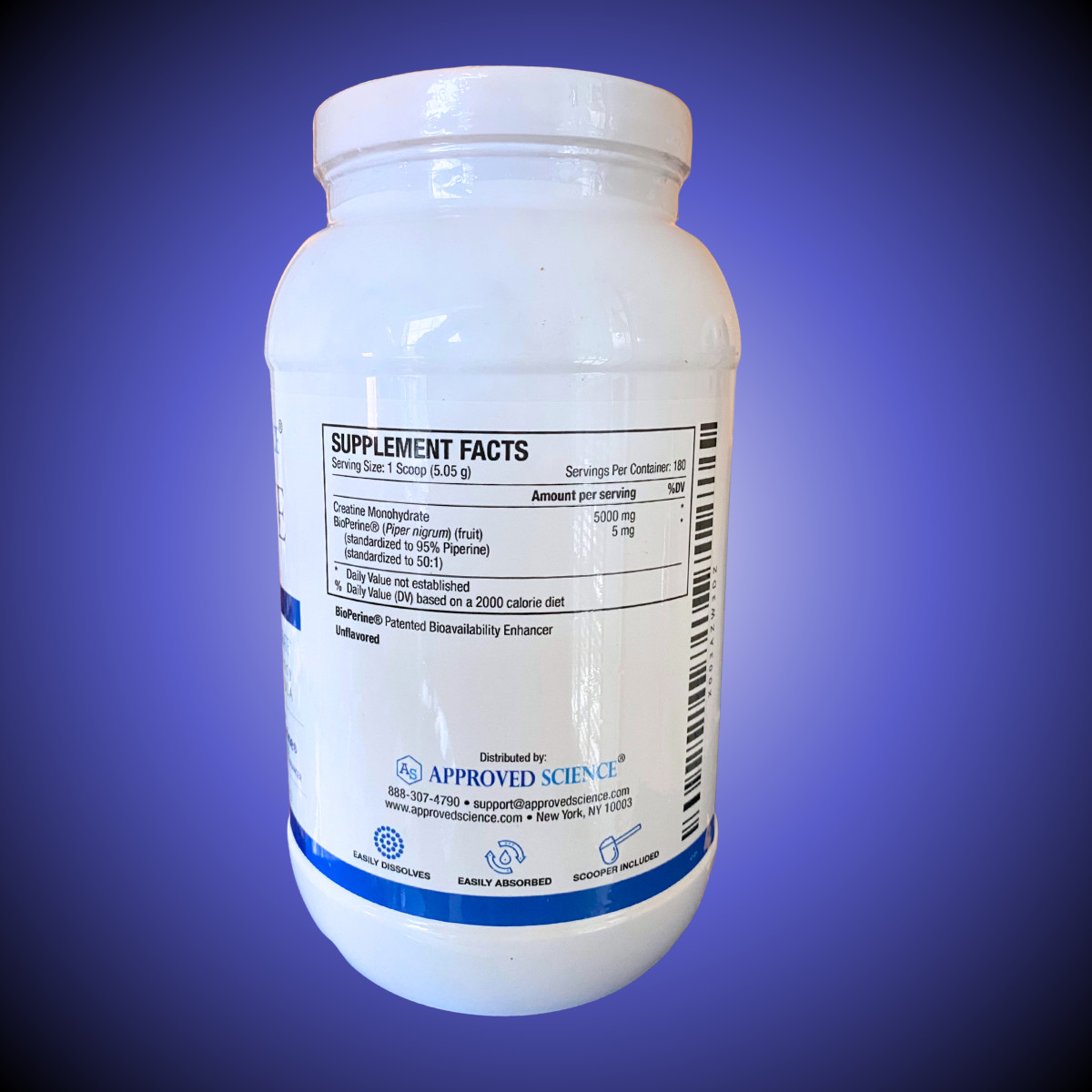 Approved Science Creatine Monohydrate Powder with BioPerine 180 Servs (900 Gms)