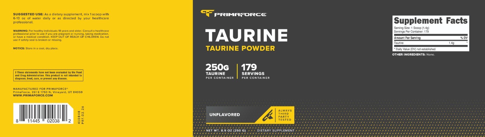 PrimaForce Taurine Diet Supplement, 250 Gram, Non-GMO & Gluten Free