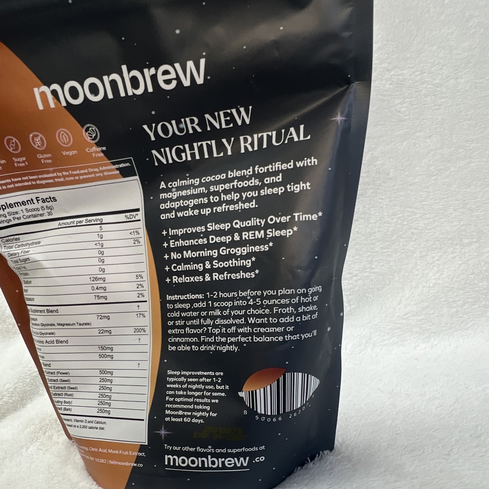 moonbrew Nighttime Sleep Support Hot Cocoa Powder Sugar-Free Vegan 5.95 oz