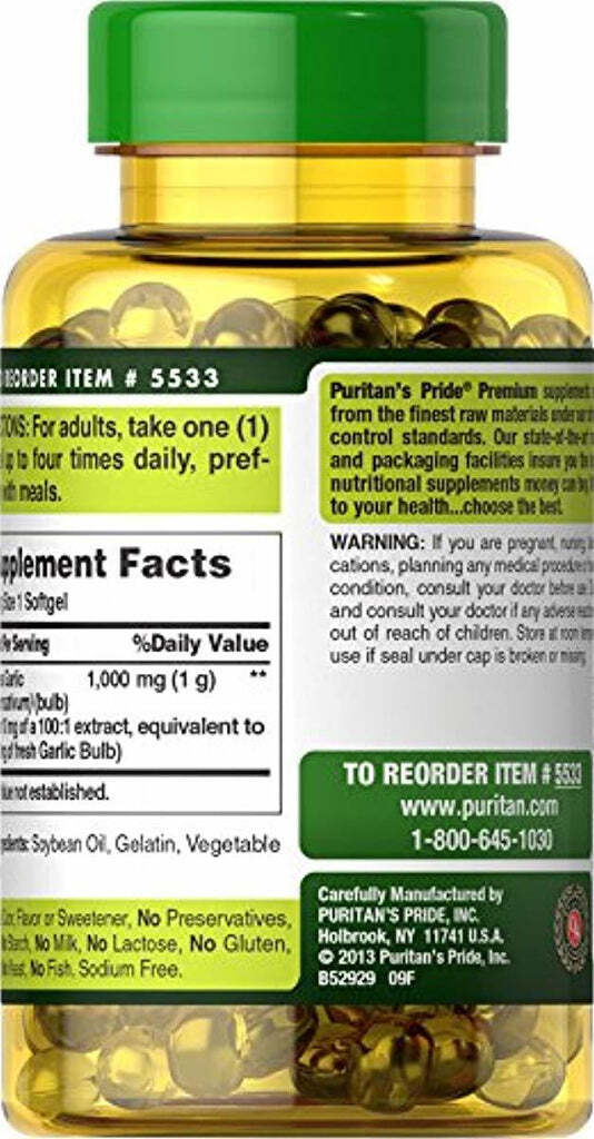 Puritans Pride Odorless Garlic 1000 mg Rapid Release Softgels, 250 Count