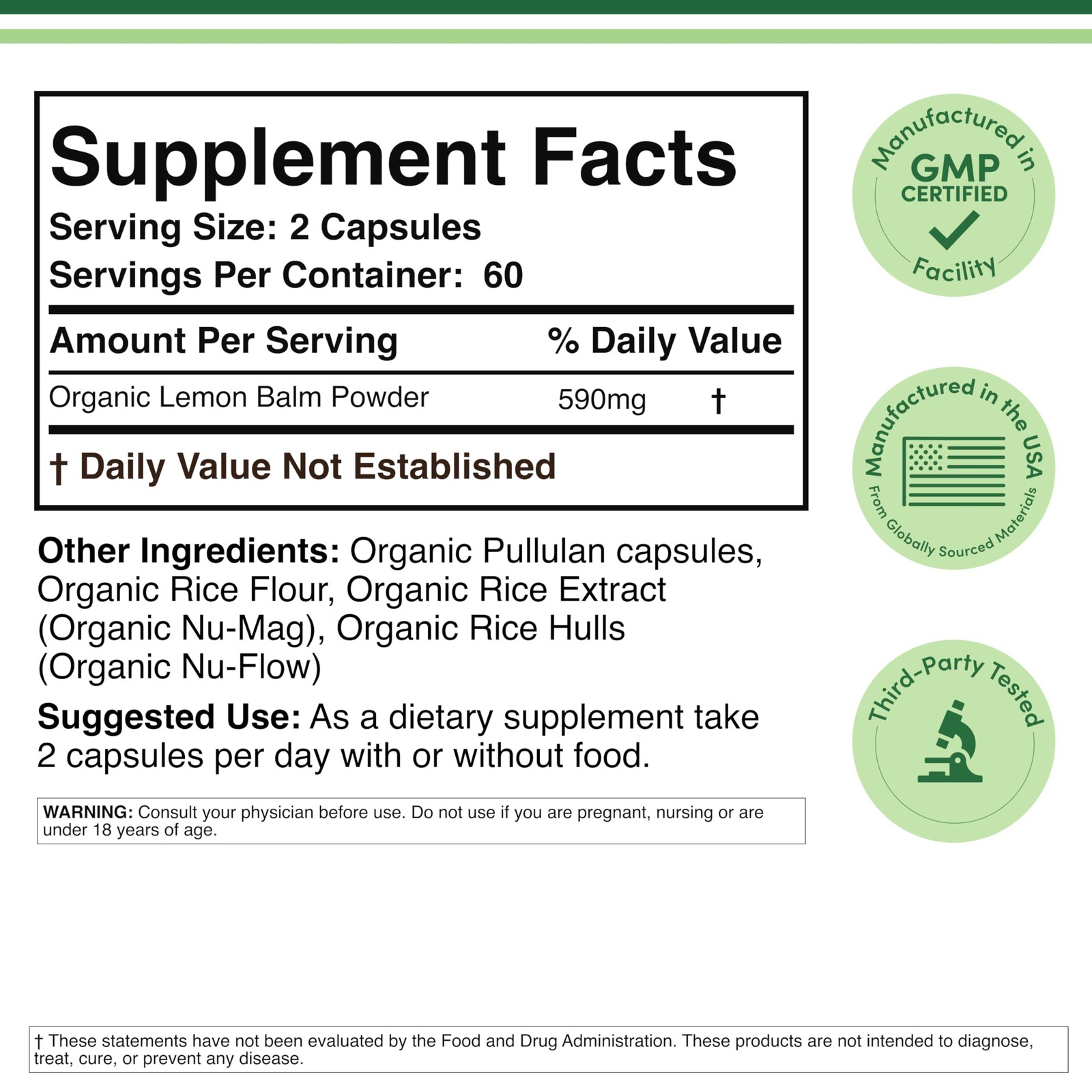 Double Wood Supplements Organic Lemon Balm 120 Capsules 120 Count (Pack of 1)