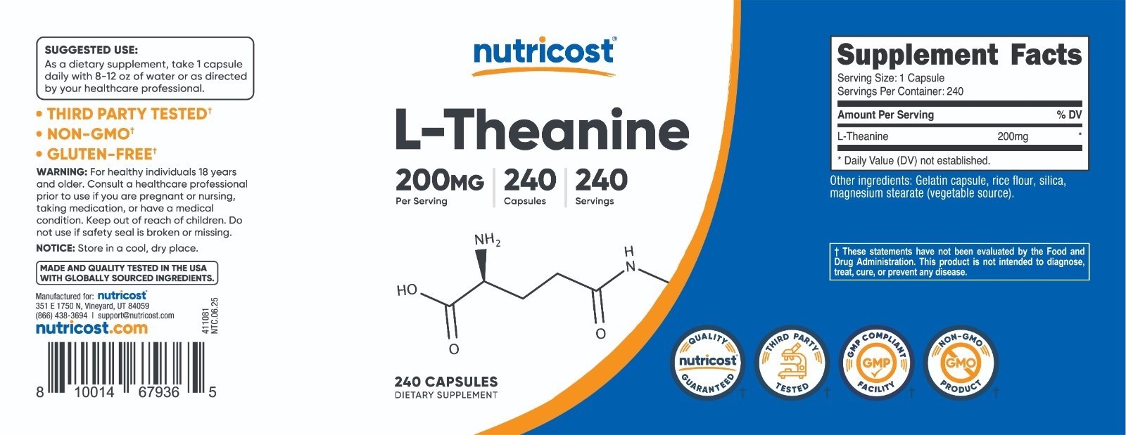 Nutricost L-Theanine 200mg, 240 Capsules – Double Strength
