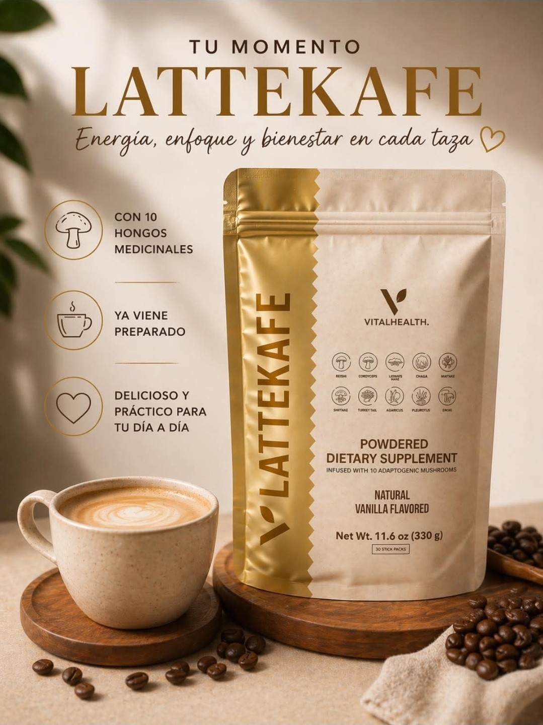 VitalHealth LatteKafe Vanilla Coffee w/ Lion’s Mane Cordyceps 11.6 oz