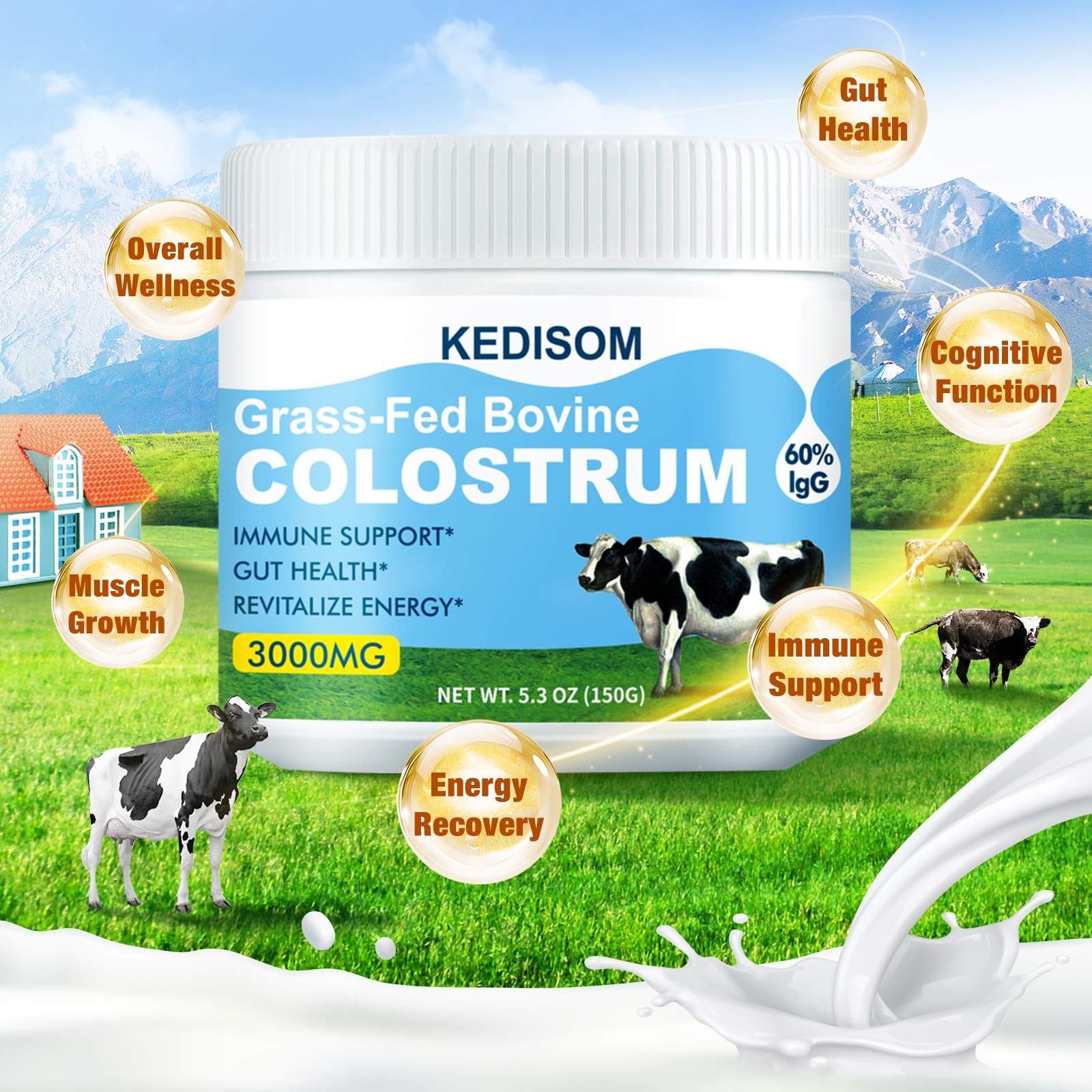 KEDISOM Grass-Fed Bovine Colostrum Supplement 5.3 Ounce (Pack of 1), 150g