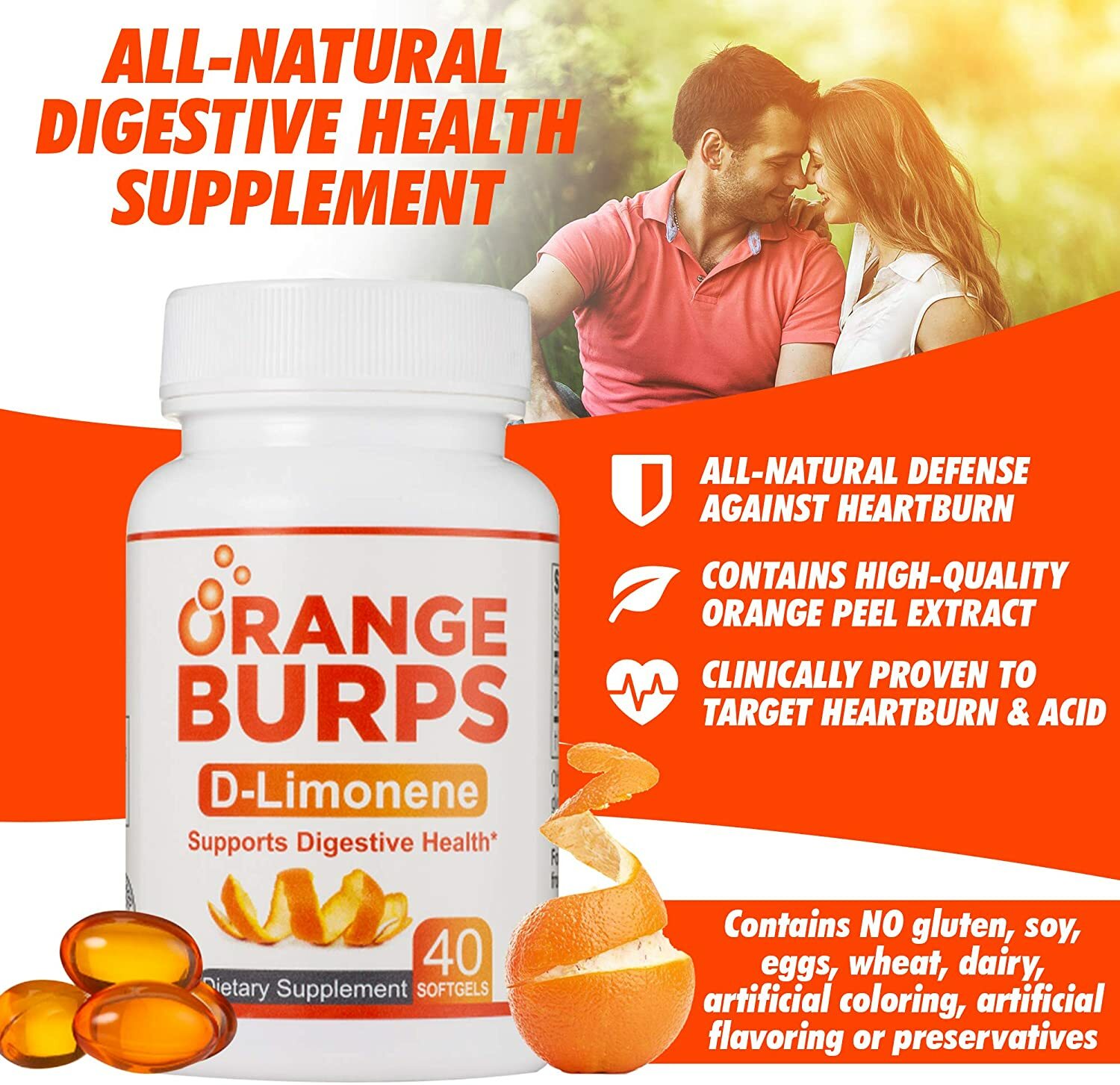 Orange Burps D-Limonene Supplement – Orange Peel Extract – 1 Pack, 40 Softgels