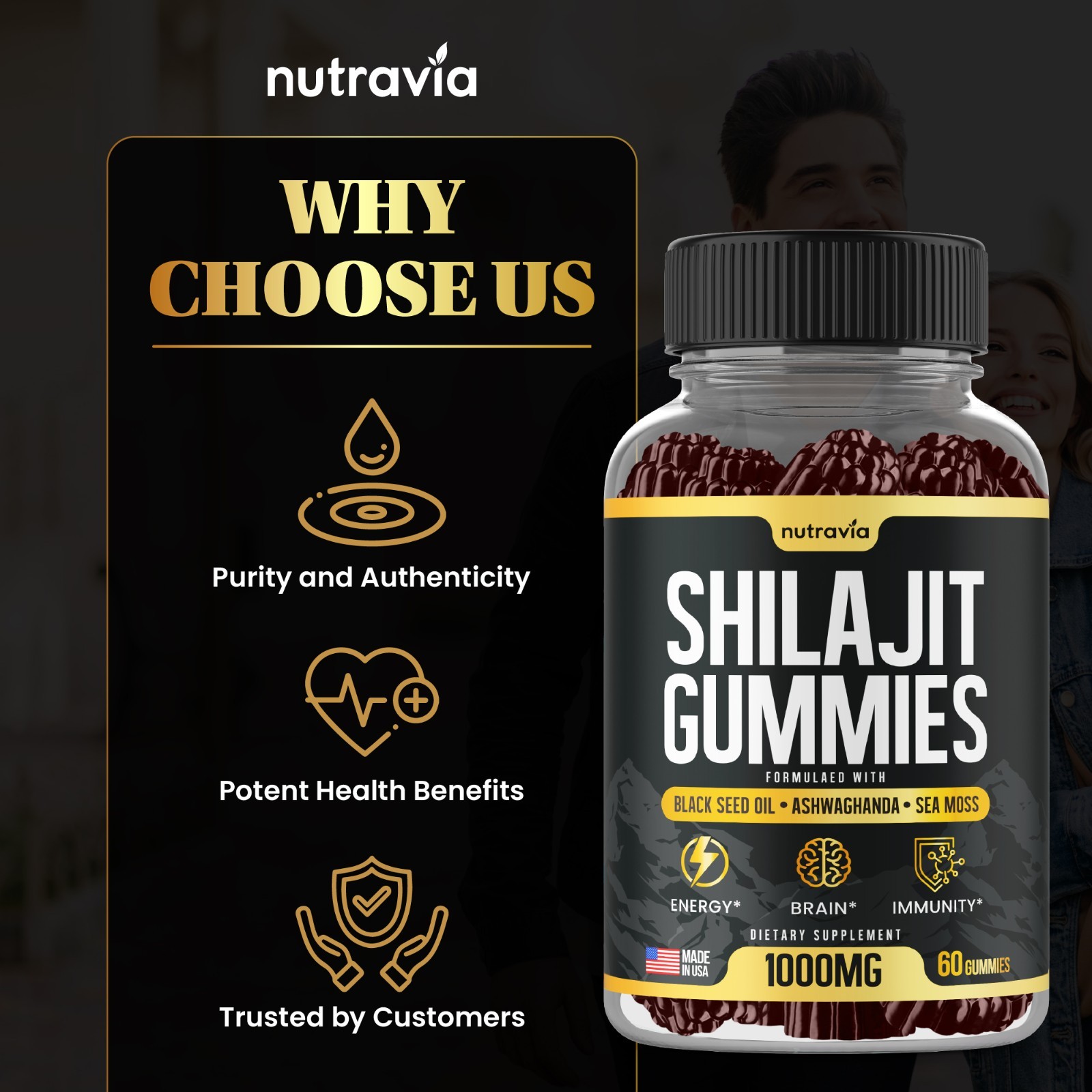 Shilajit Gummies – 3 in 1 with Sea Moss, Black Seed Oil, Ashwagandha Gummies