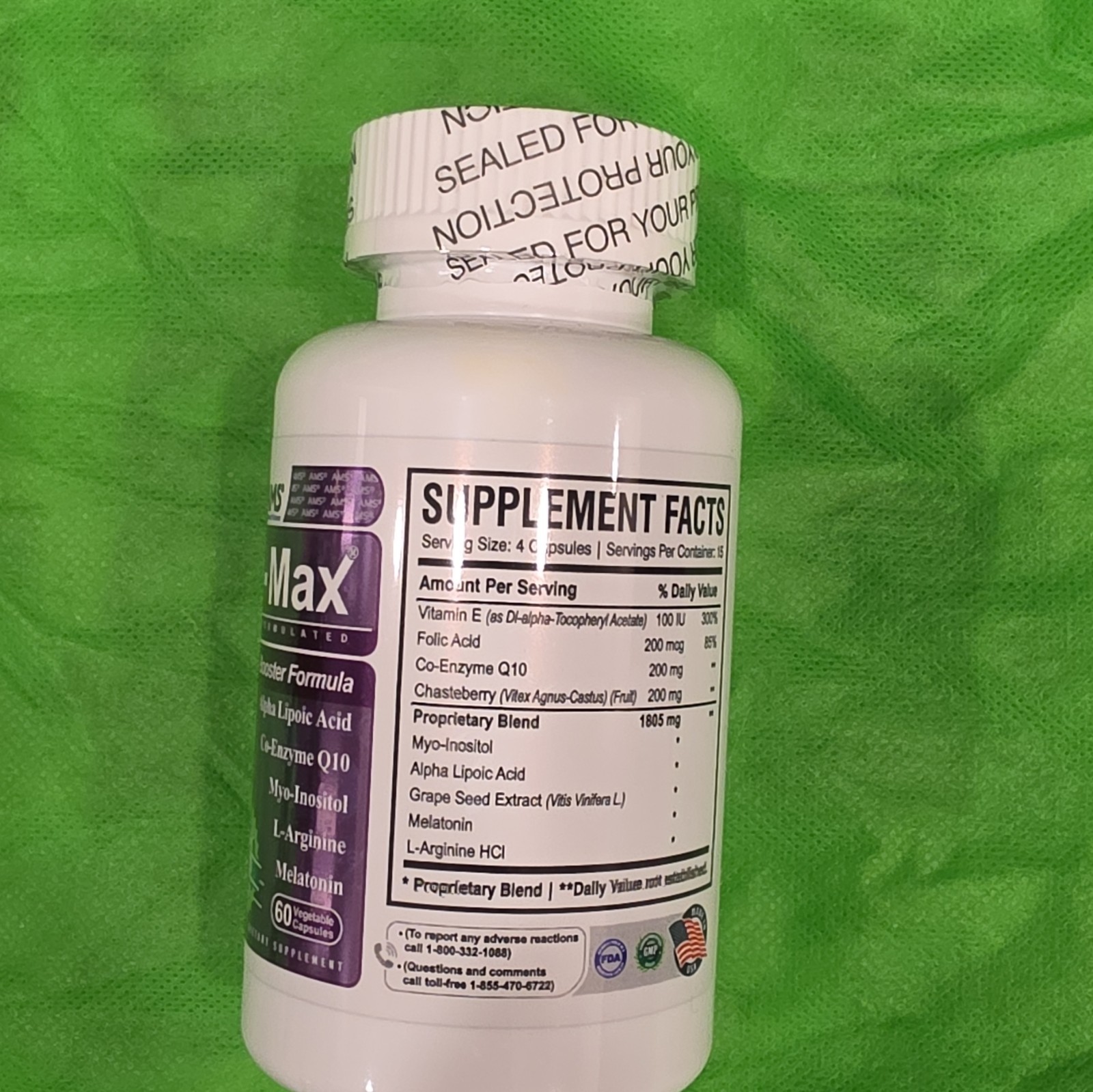 AMS Ova-Max Booster Formula Vitamin E Folic Acid CoQ10 60 Vegetarian Capsules