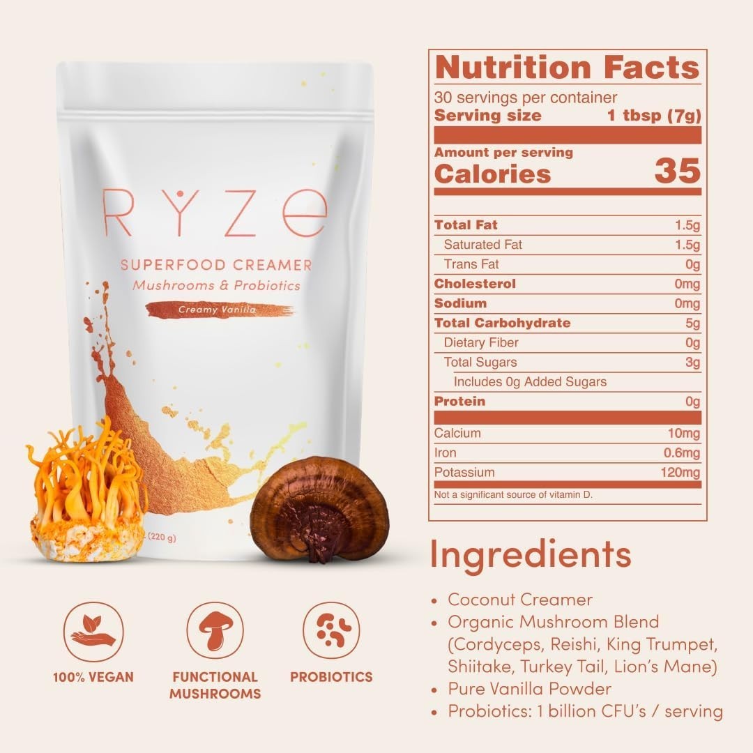 Ryze Coffee Creamer with 6 Organic Adaptogenic Mushrooms Probiotics 30 serving
