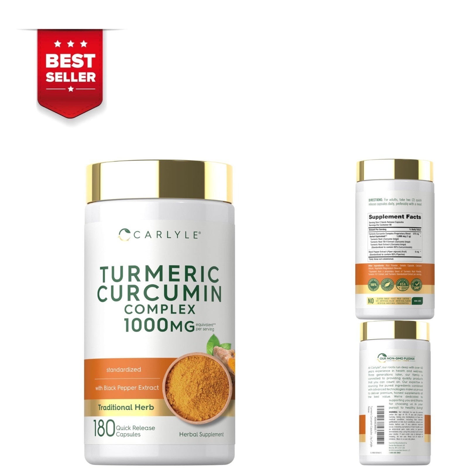 Carlyle Turmeric Curcumin with Black Pepper | 180 Capsules | Non-GMO