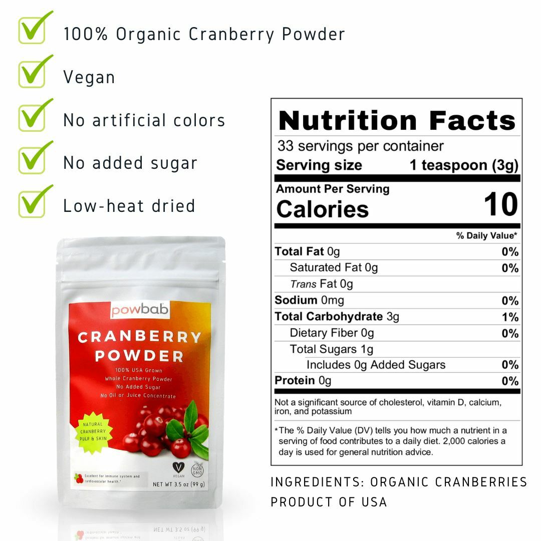 powbab Cranberry Powder from 100% USA Grown Organic Dried Cranberries (3.5 oz)