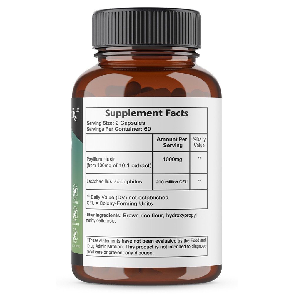 Psyllium Husk Capsules 1000 Mg Fiber Supplement With Acidophilus Probiotic